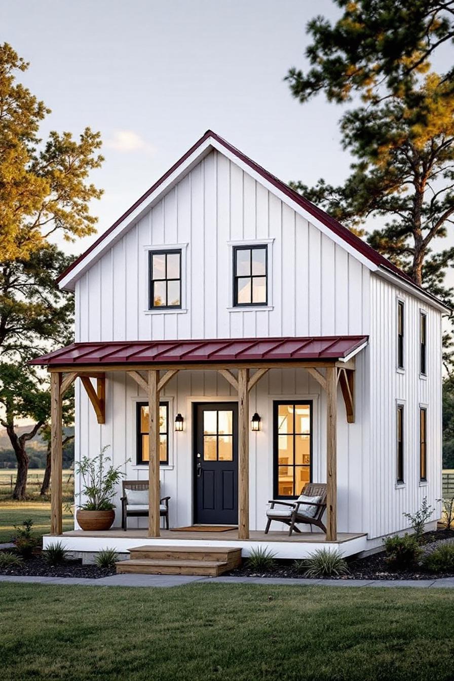 White cottage with red roof and porch