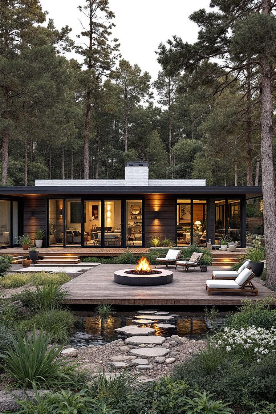 Modern black cottage with firepit, deck, and lounge chairs in a wooded backyard