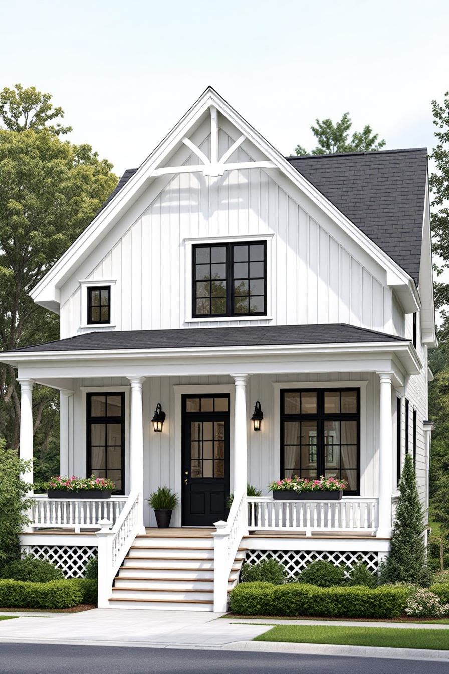 White house with black accents and inviting porch