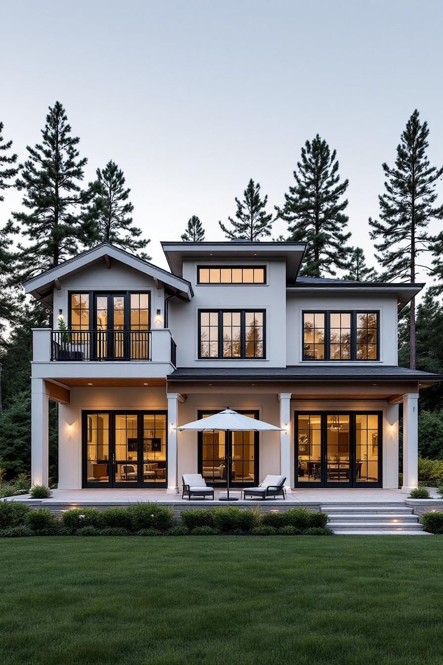 Modern craftsman home surrounded by tall trees