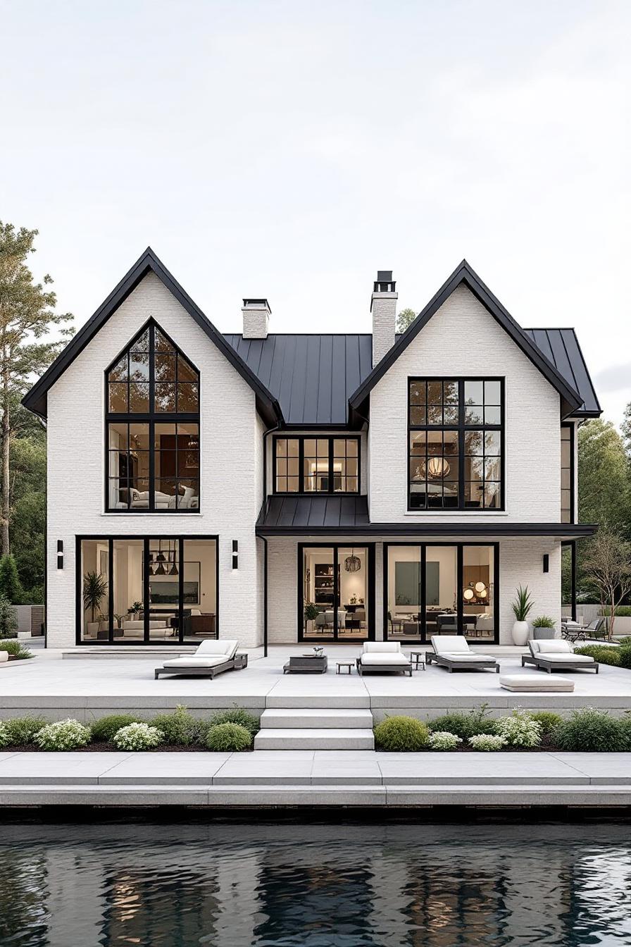 Luxurious lake house with a modern design and large windows