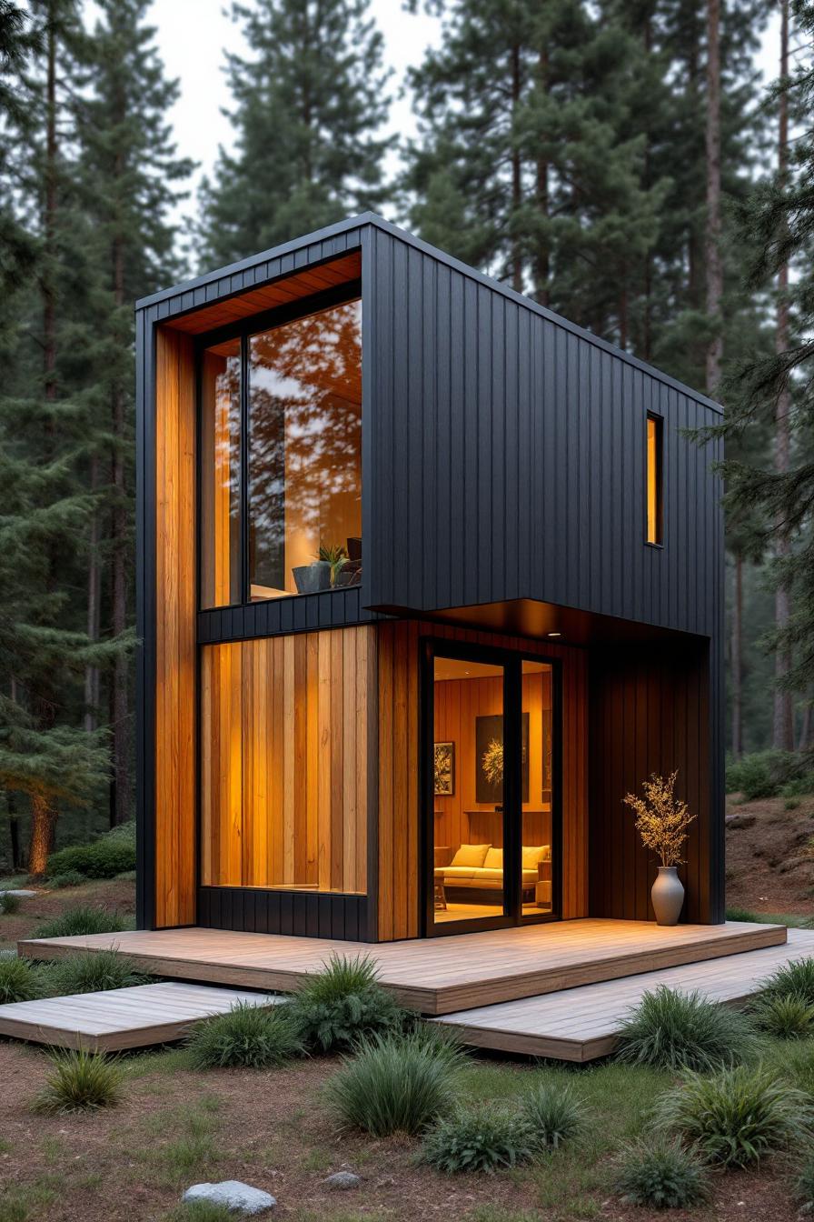 Small two-story house with large windows in a forest setting