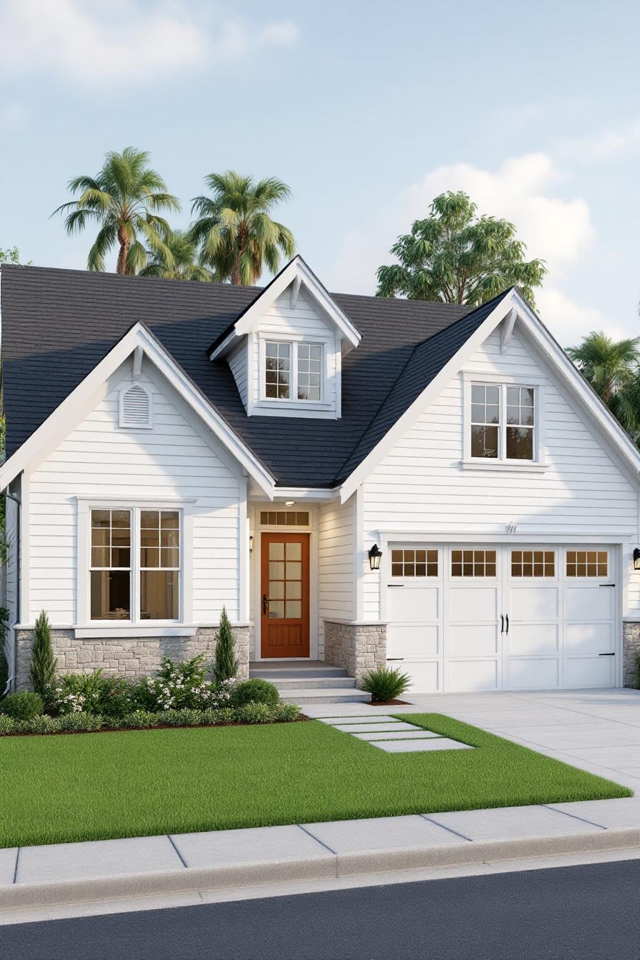 White cottage with dark roof, cozy porch, and tidy green lawn
