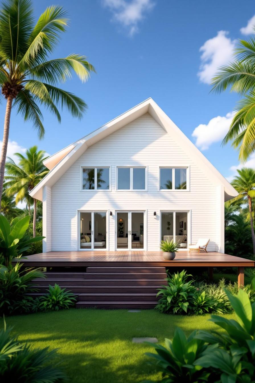 A bright, white, beach-style cottage with tropical landscaping