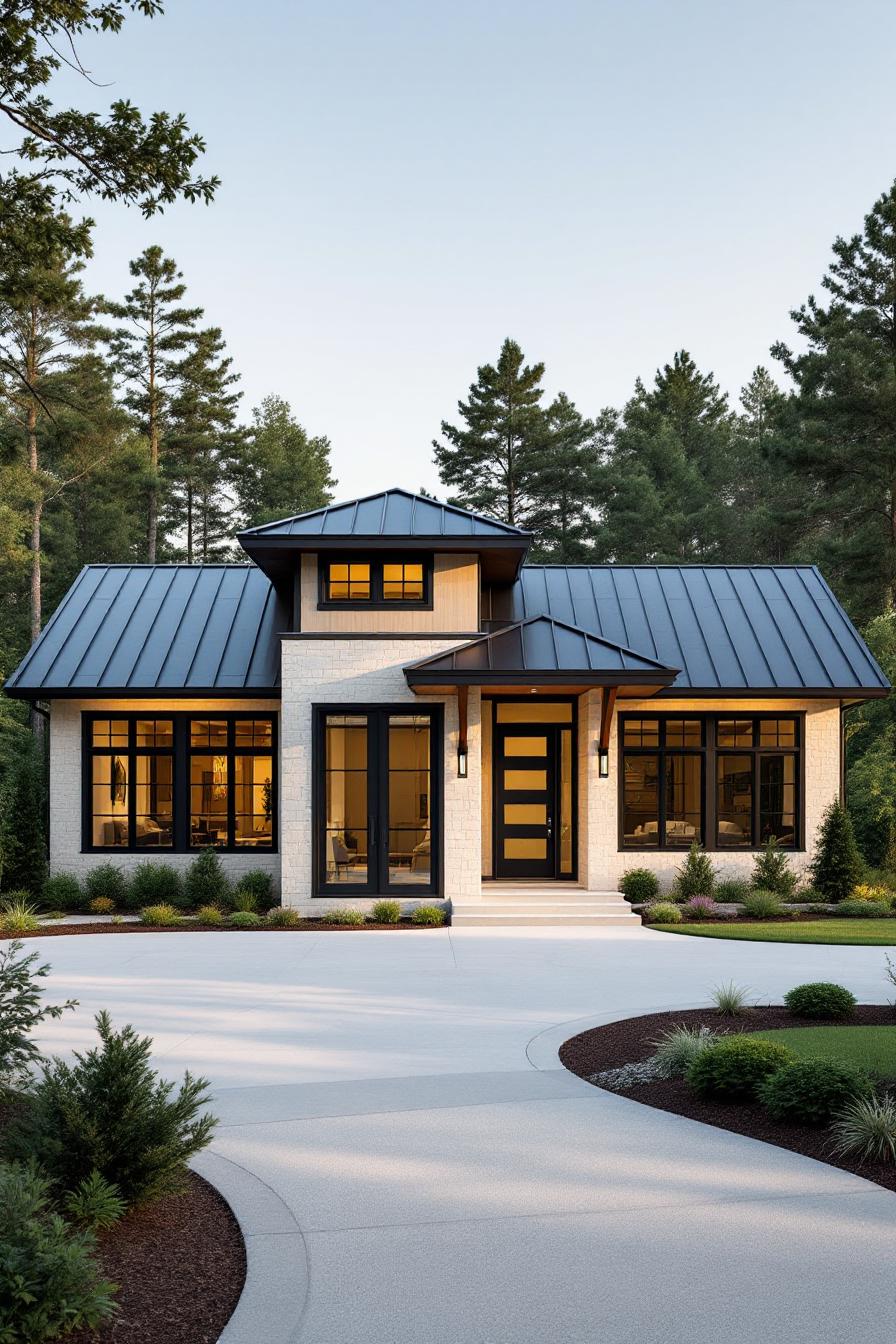 Modern craftsman house with a welcoming glow amidst lush greenery