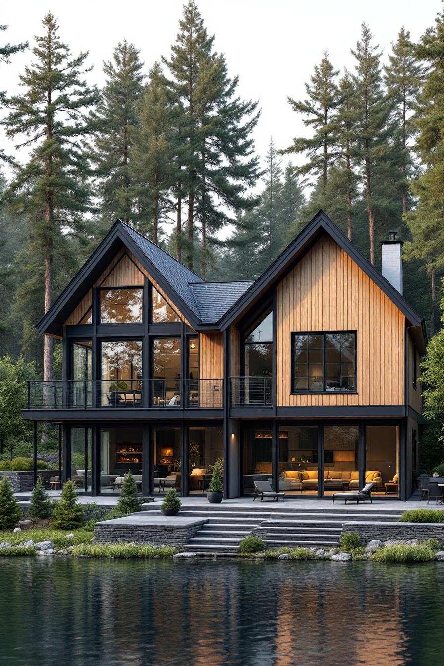 A-frame house with large windows beside a lakeside