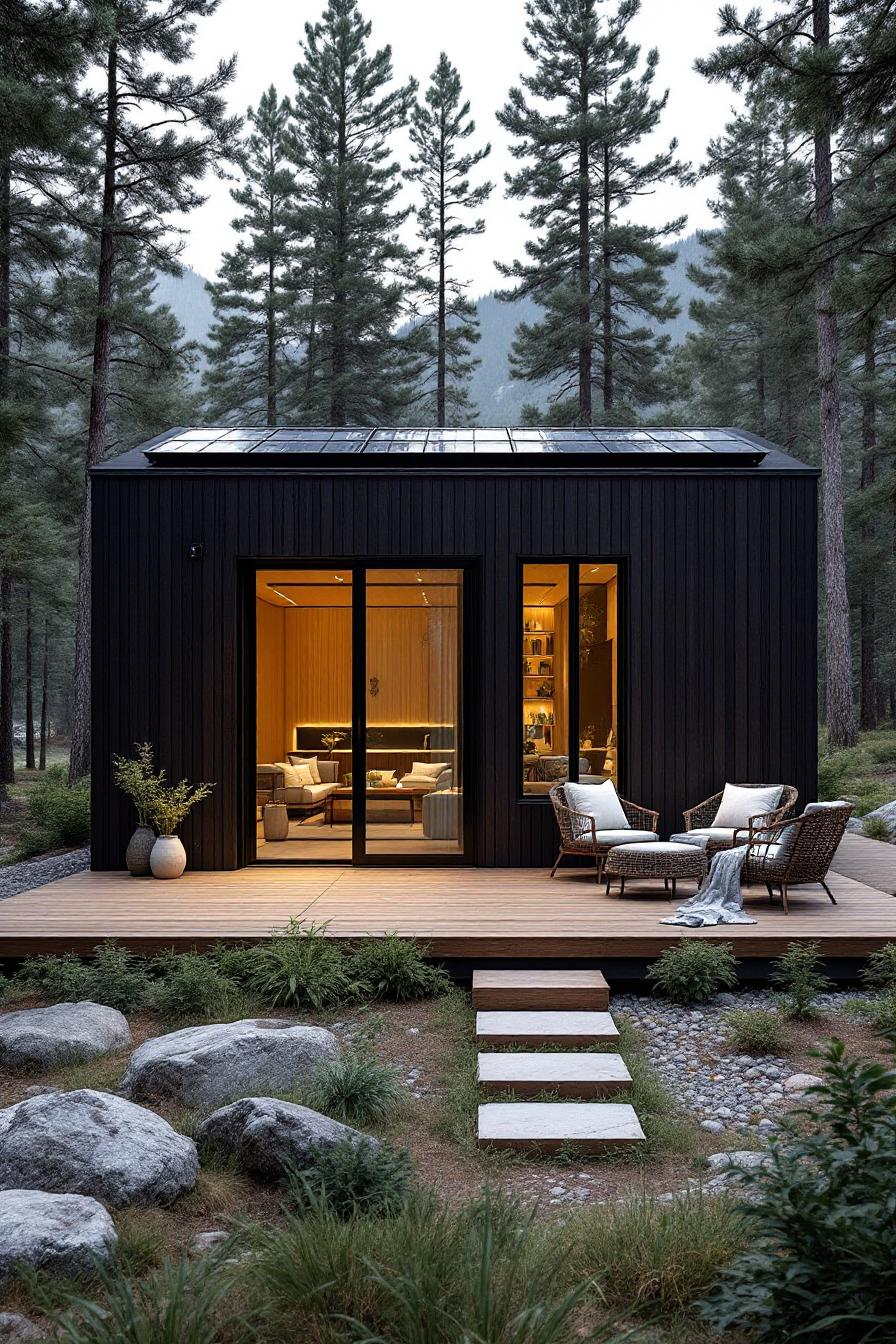 A compact house with wooden deck amidst tall trees