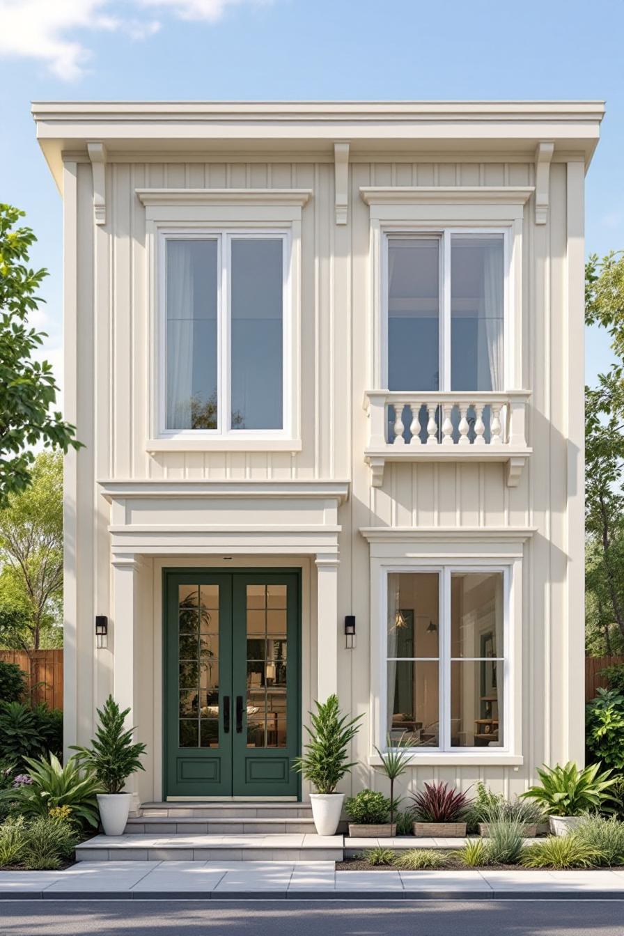 Two-story cream cottage with green double door and four large windows