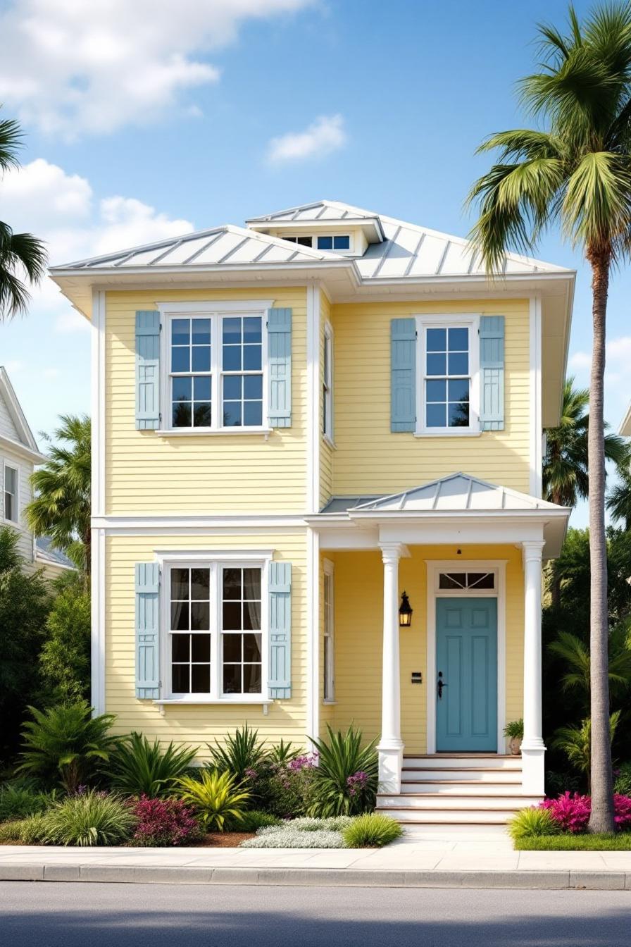 Bright yellow Key West cottage with blue shutters and lush greenery