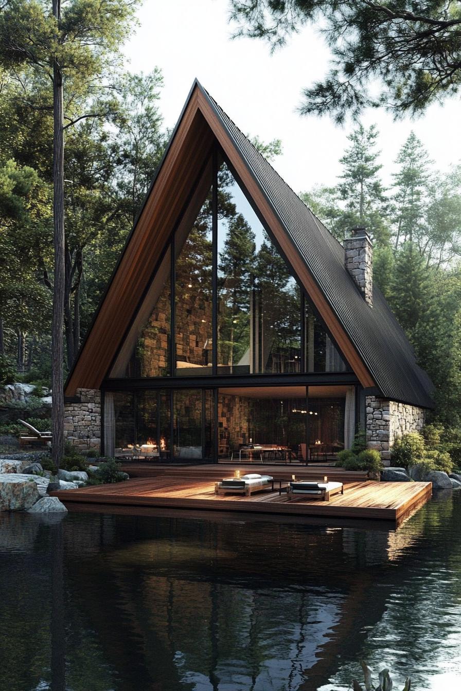 A modern A-frame house with a scenic lakeside view
