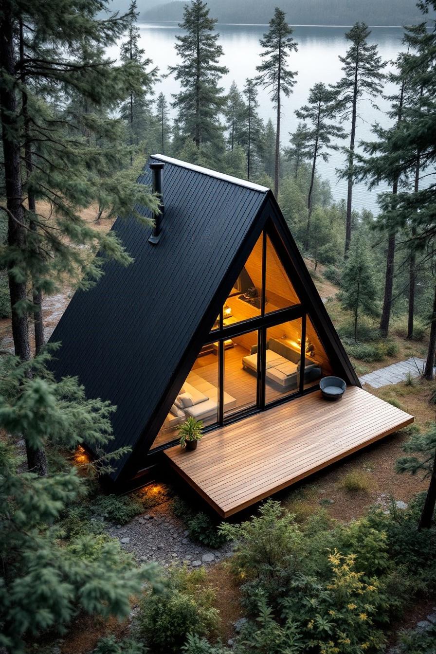 Compact A-frame cabin nestled in the forest