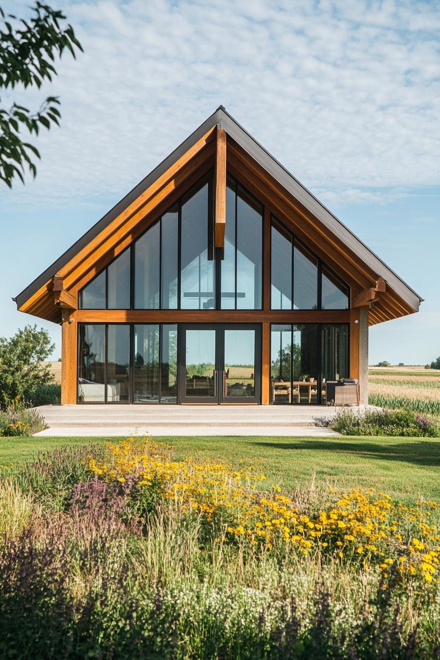 A-frame house with large glass windows and wooden beams