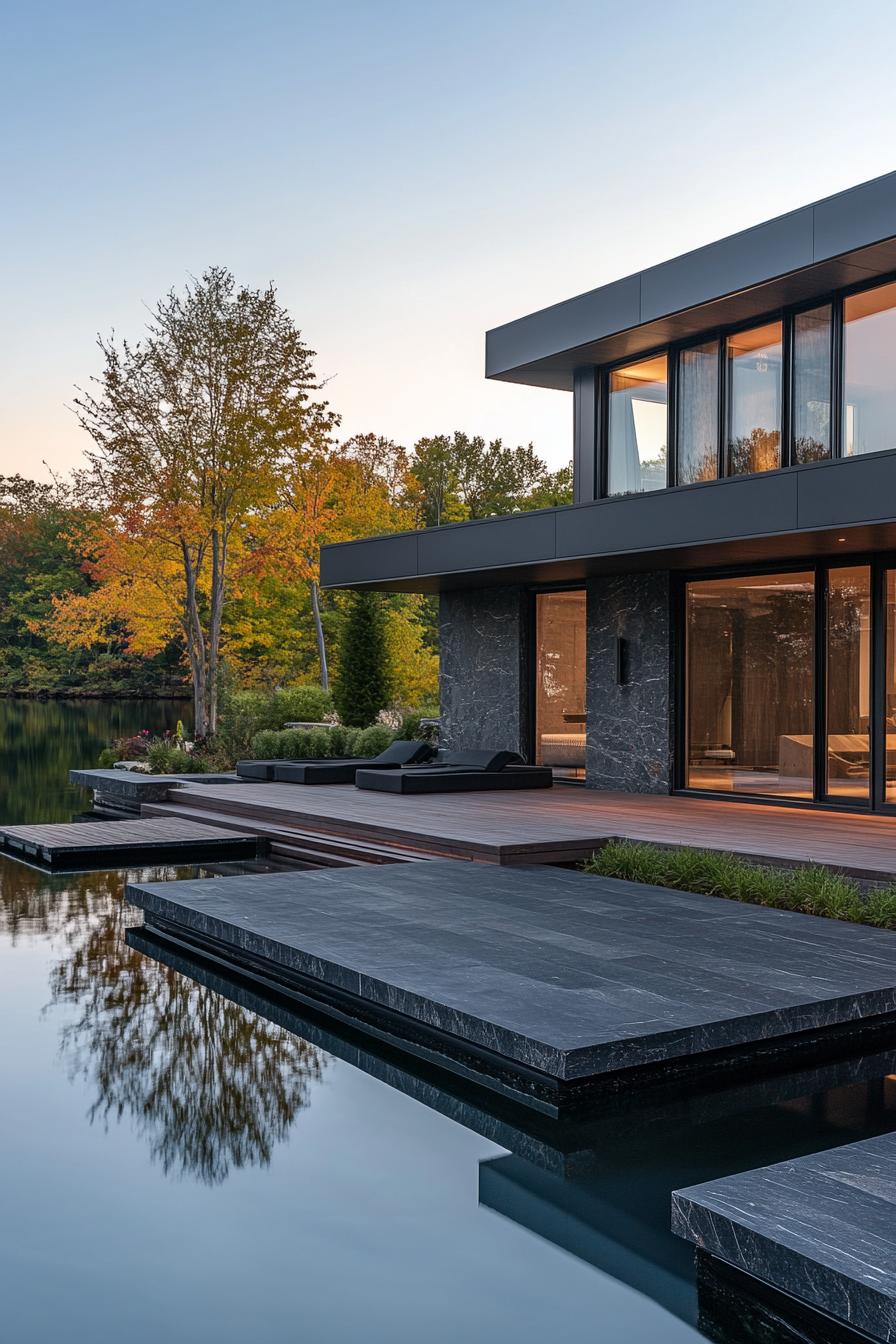 Modern lakeside house with large windows and sleek design