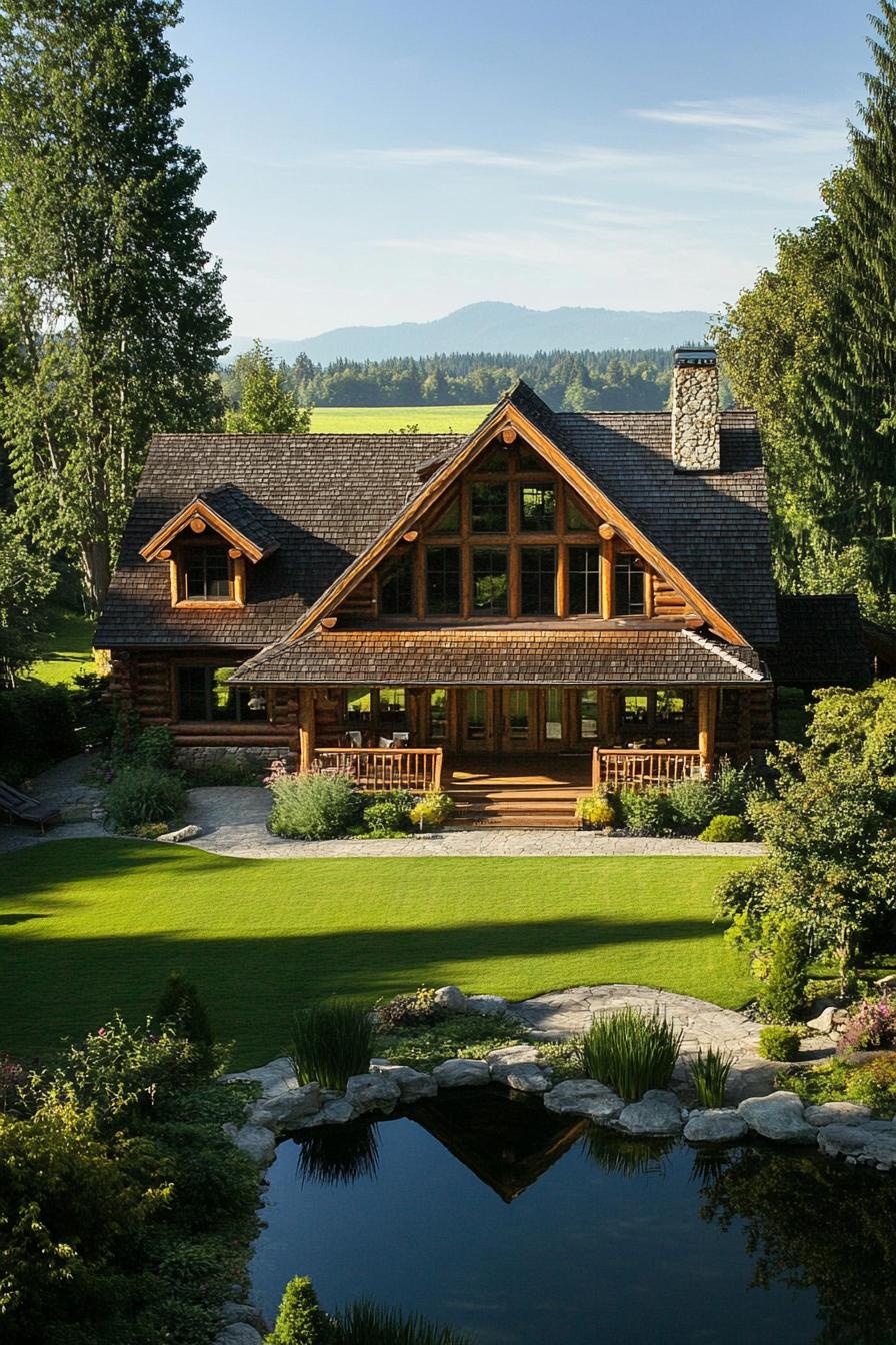 A log cabin with a large windowed facade and lush garden pond