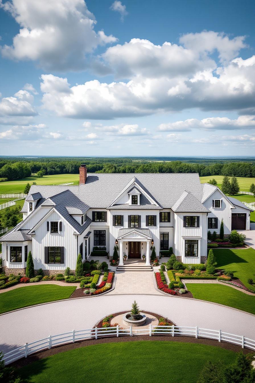 Large, elegant country house with lush gardens and white fences