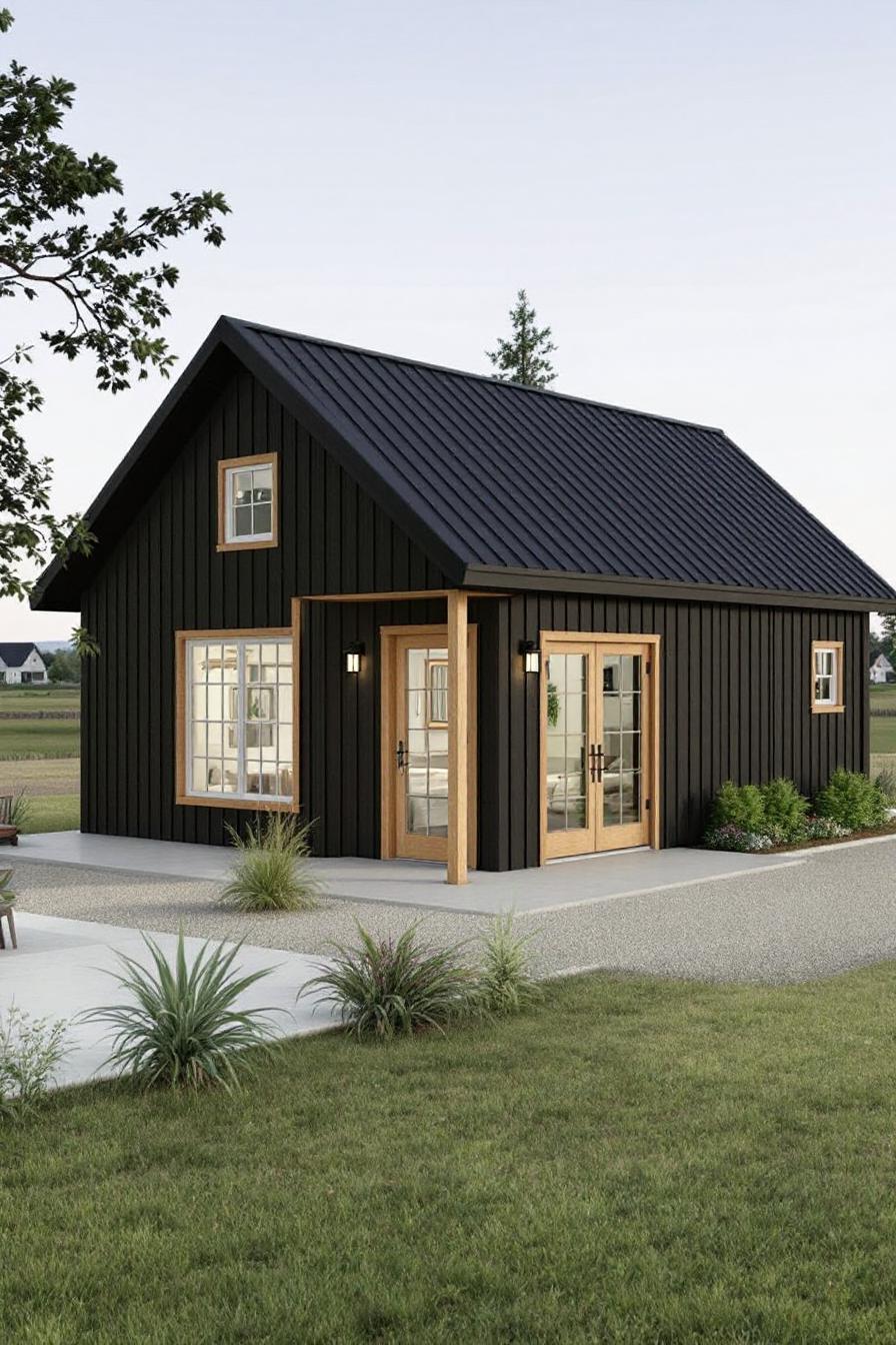 A small black barndominium with wooden accents