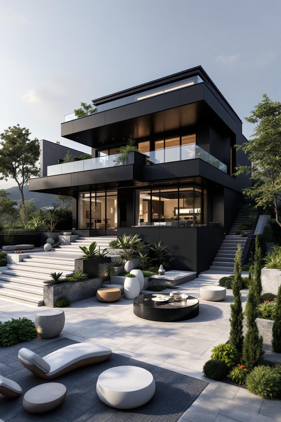 Chic modern black house with lush landscaping