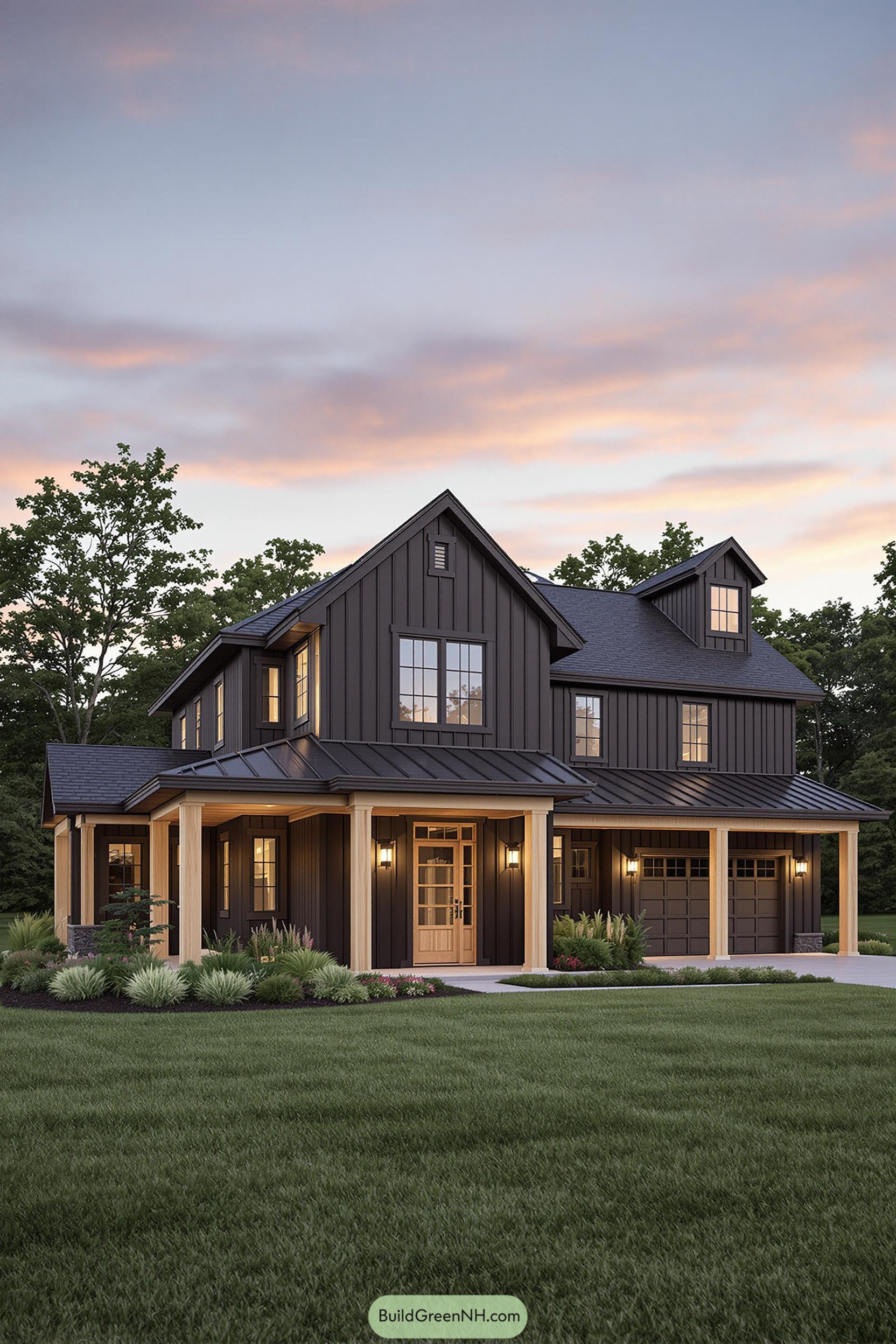 Two-story farmhouse with dark exterior and inviting porch