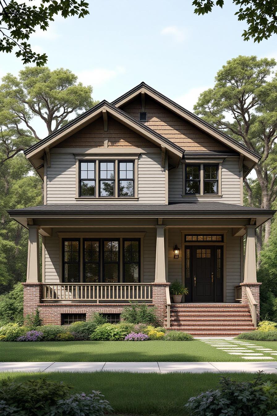 Classic Craftsman-style house with a porch, surrounded by greenery
