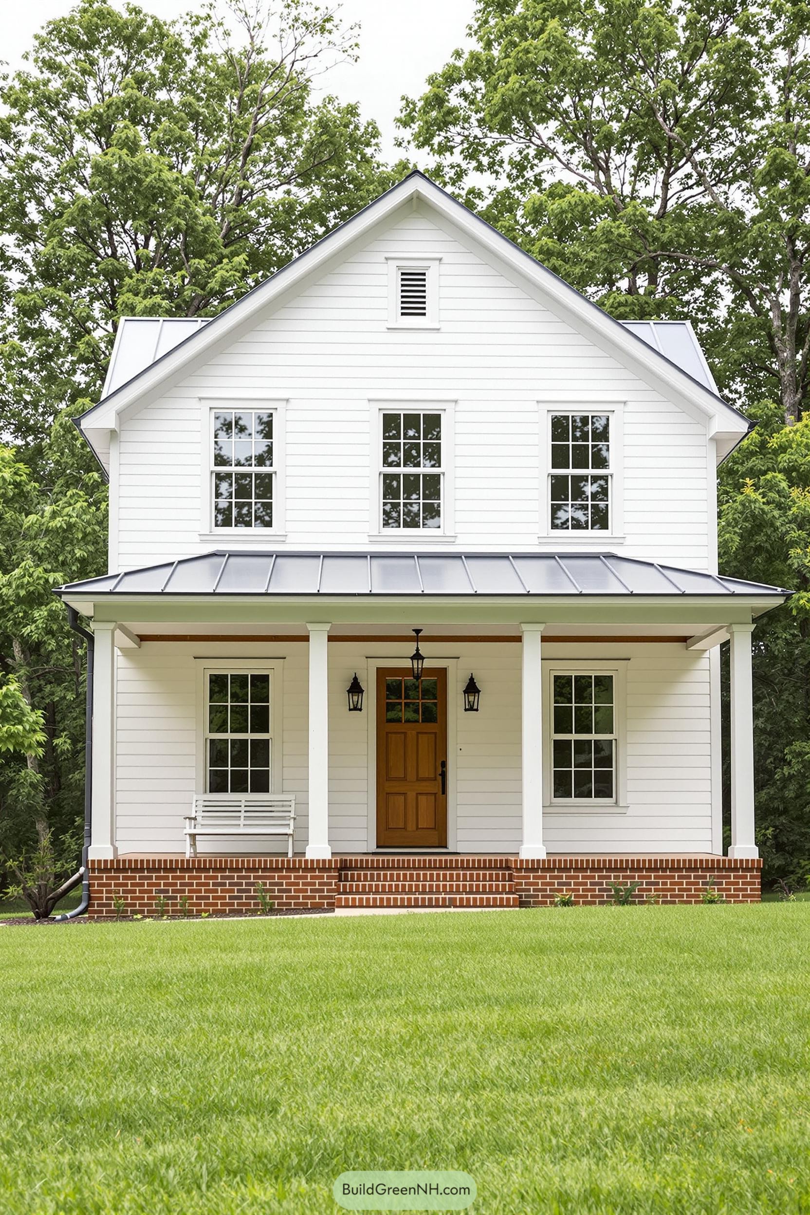 White farmhouse with a porch and wooden door