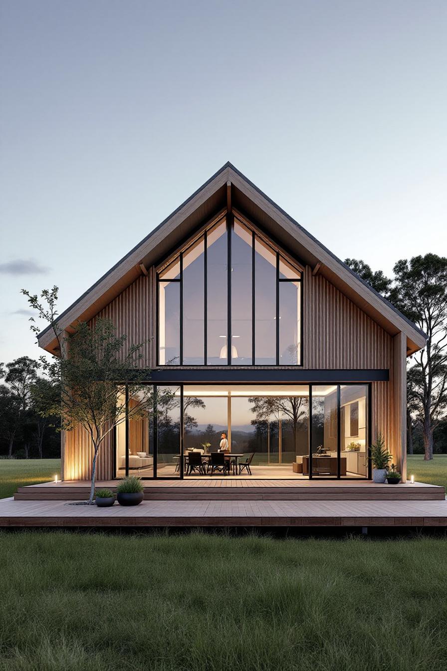 Modern A-frame house with large glass windows and a wooden deck at sunset