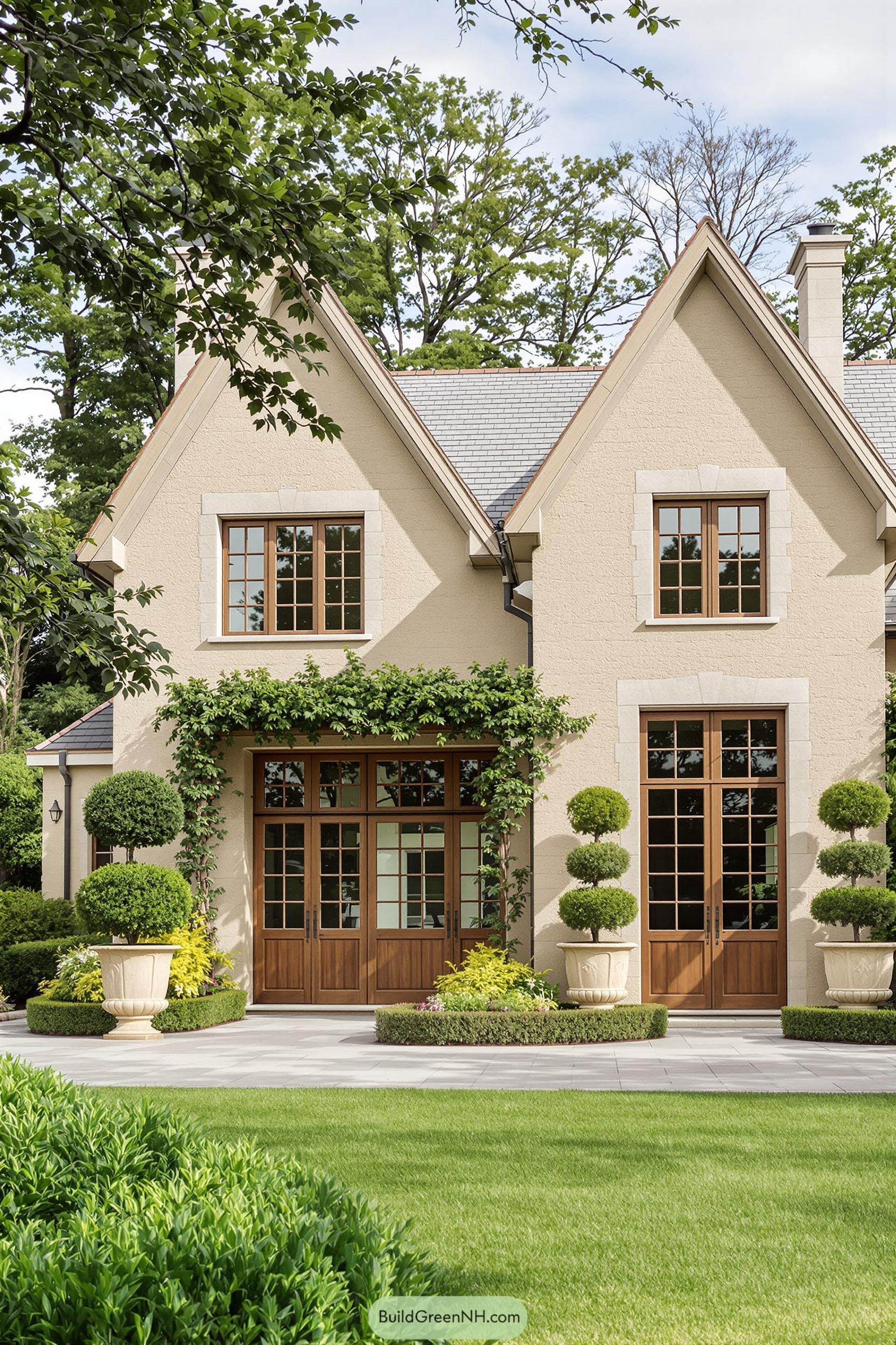 Elegant stone-clad house with manicured topiary