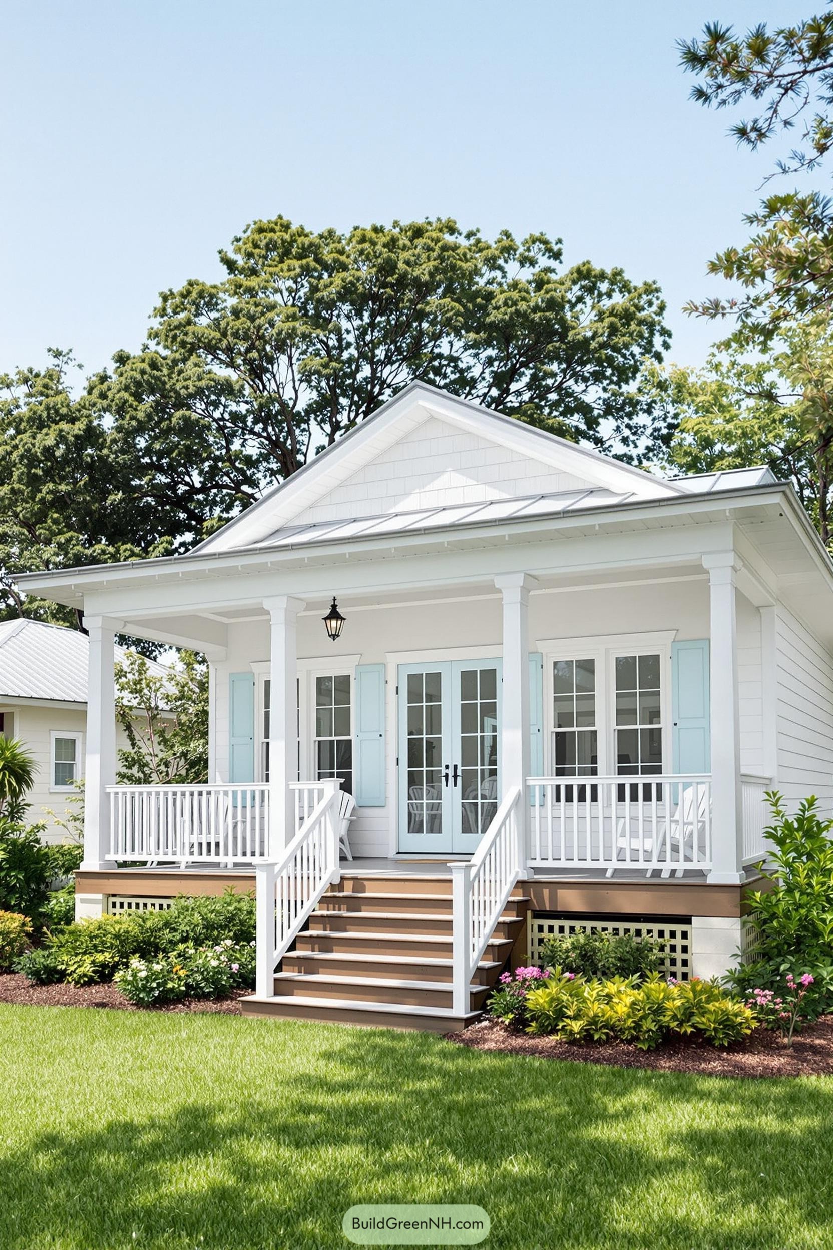 Charming white bungalow with blue shutters and inviting porch