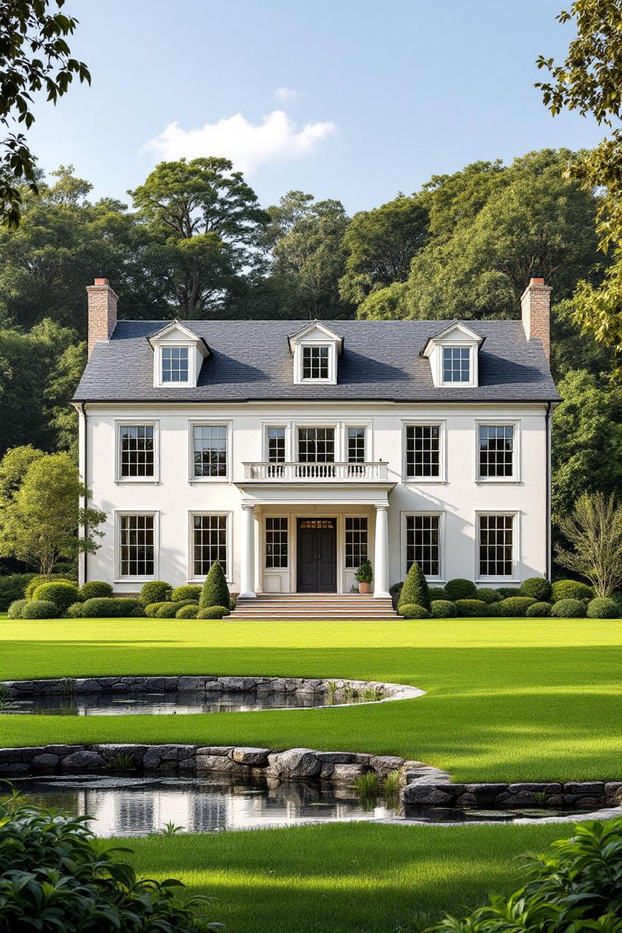 A pristine Georgian farmhouse with a pond and lush lawn