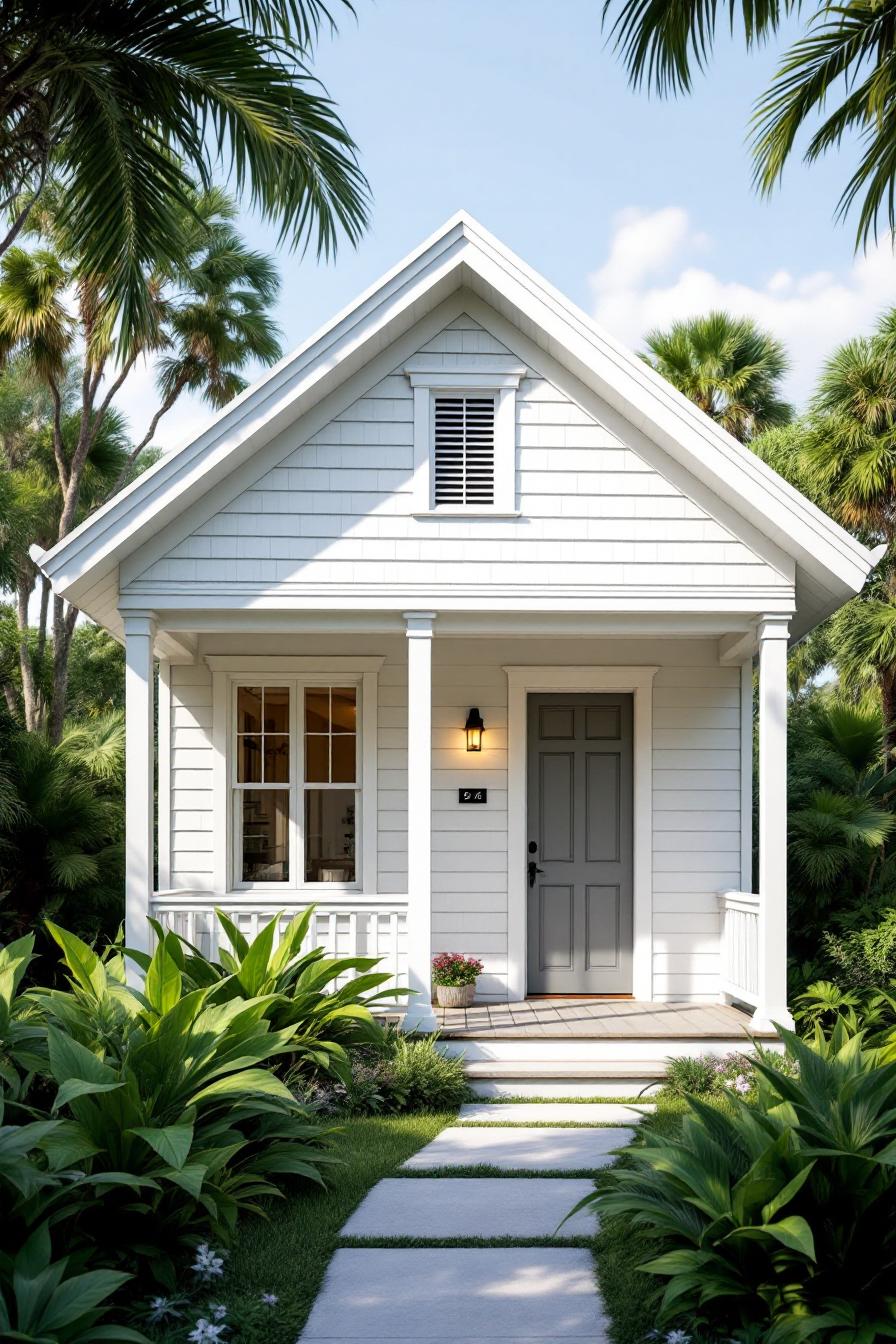 Charming white cottage with tropical landscaping