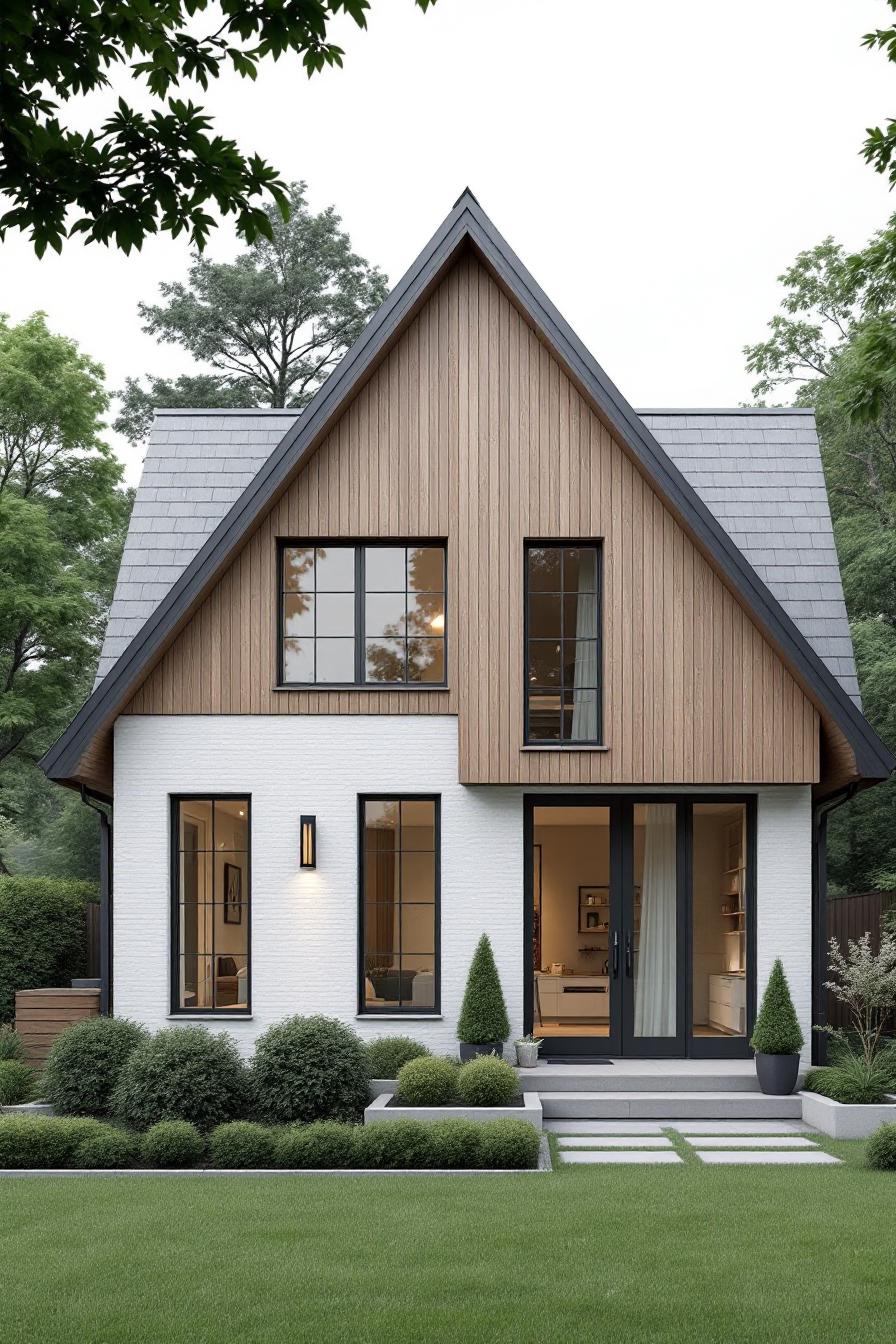 White and Wood Scandinavian Cottage with Large Windows