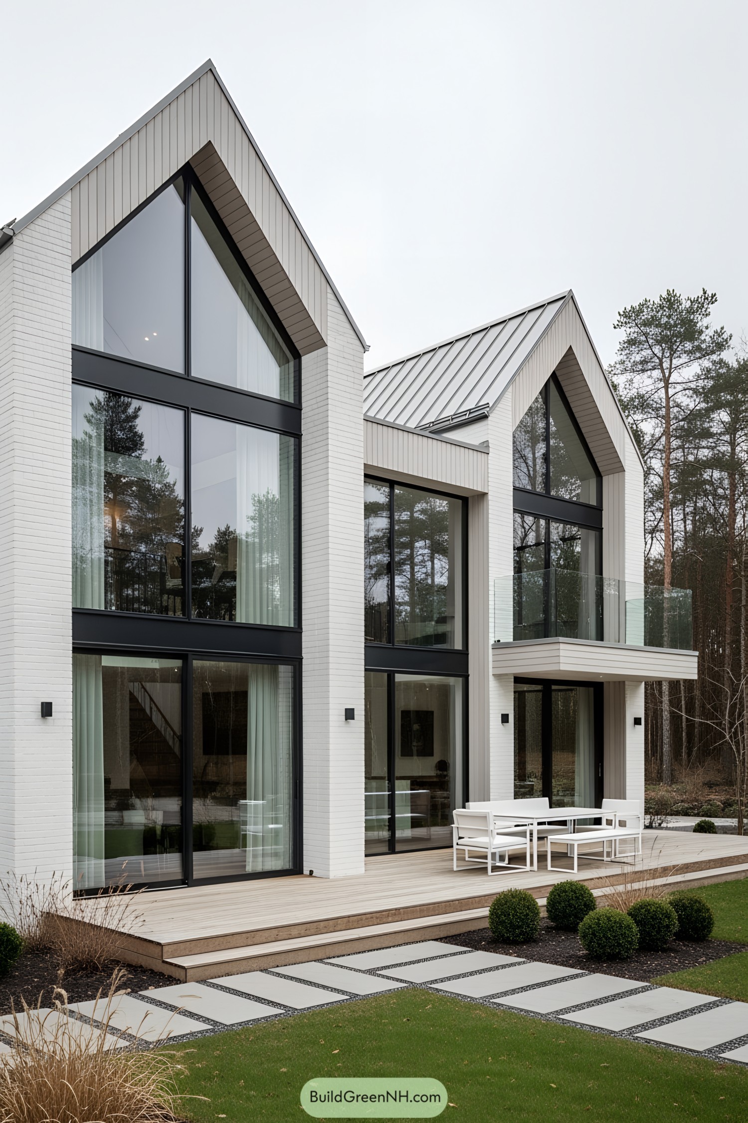 Modern Scandinavian home with glass facade and gabled roof