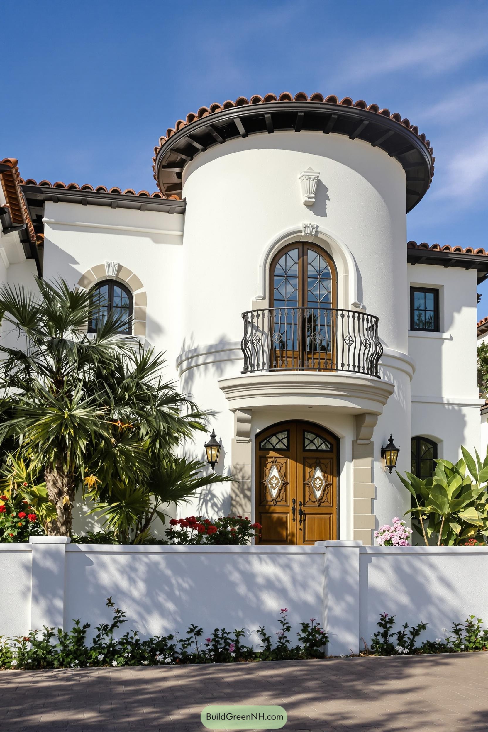 A white Spanish Revival house with a round tower and wooden doors