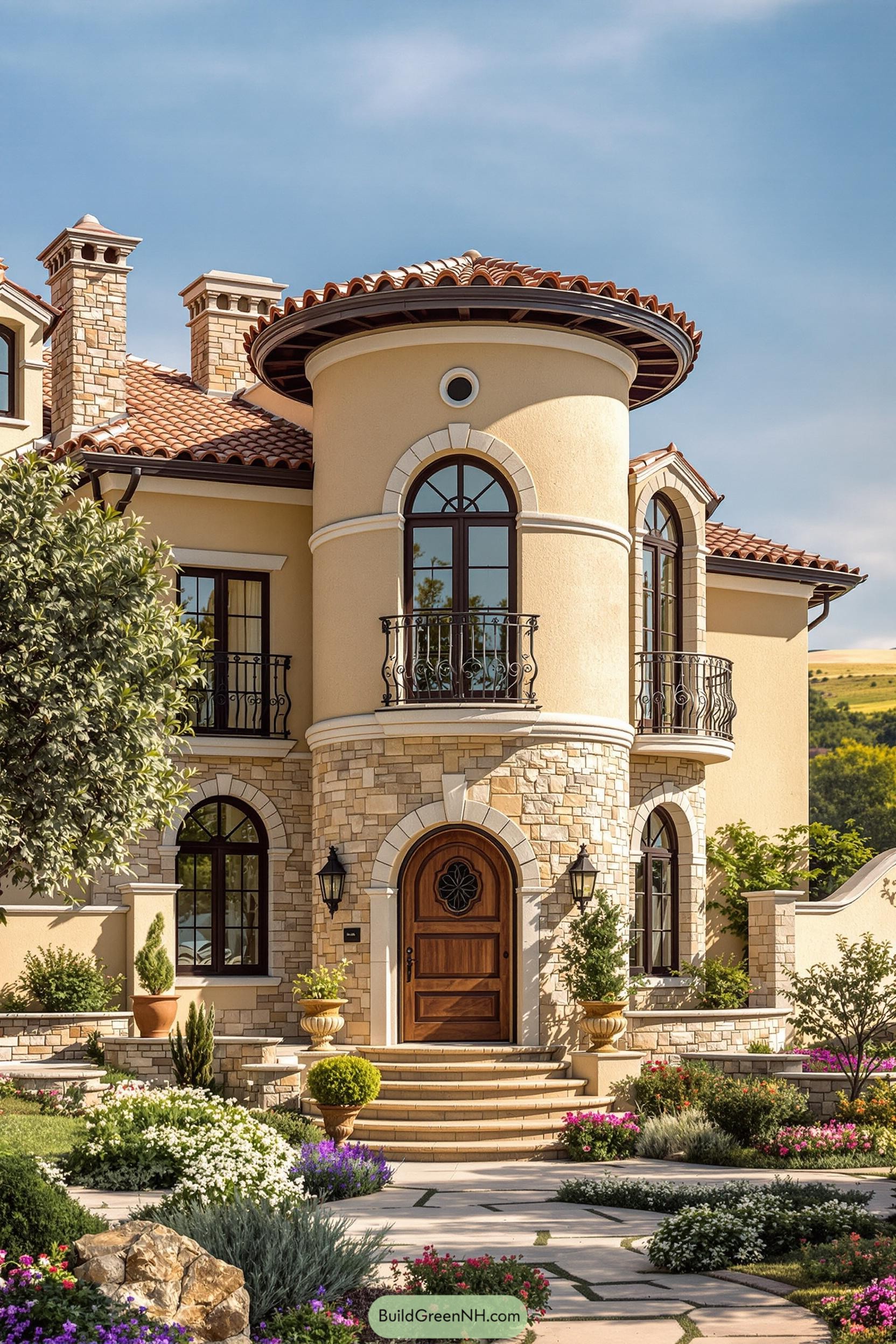 Elegant Tuscan house with turret, arched windows, and stone accents
