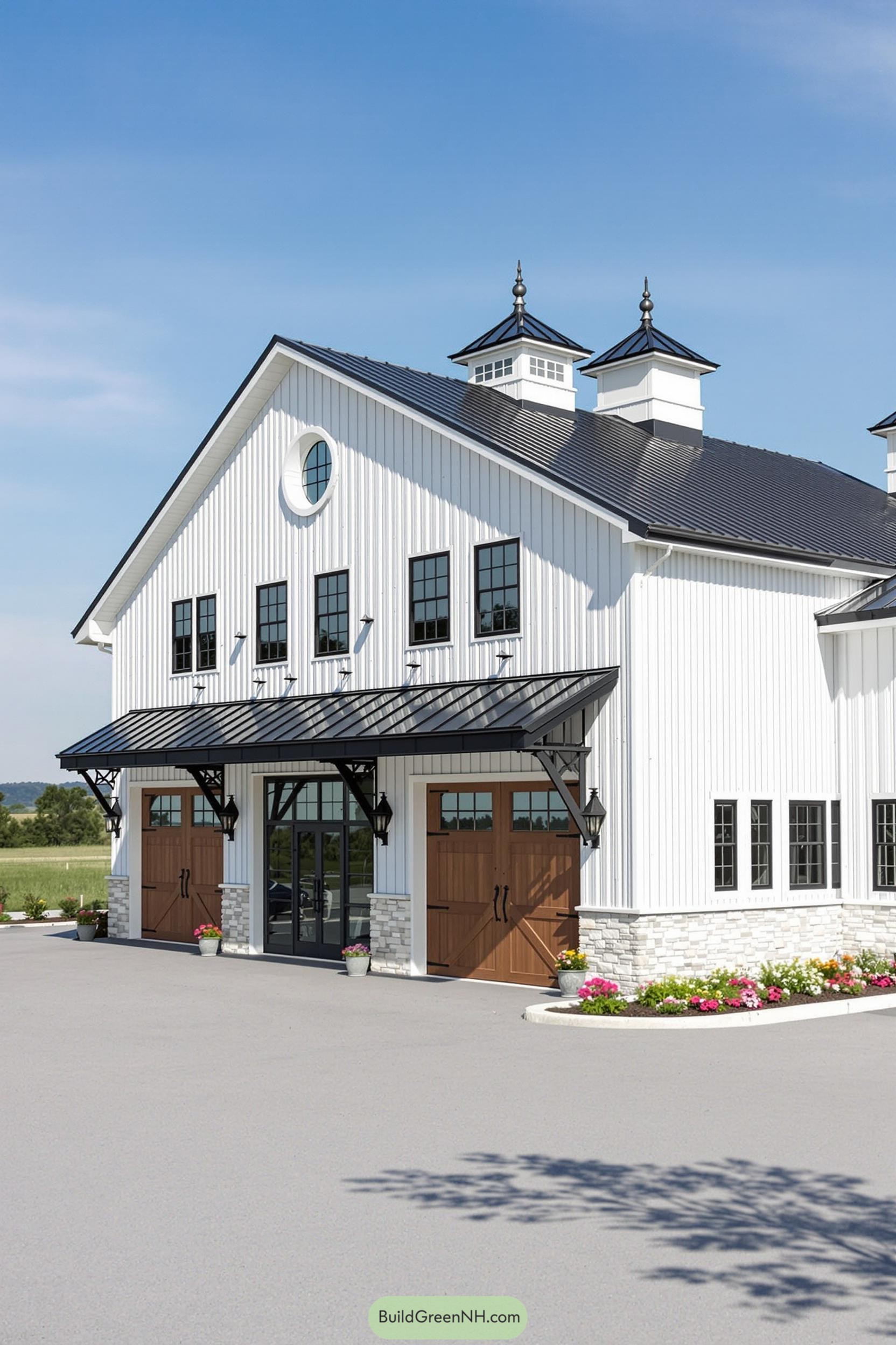 White barndominium with dark roof and wooden doors under a bright blue sky