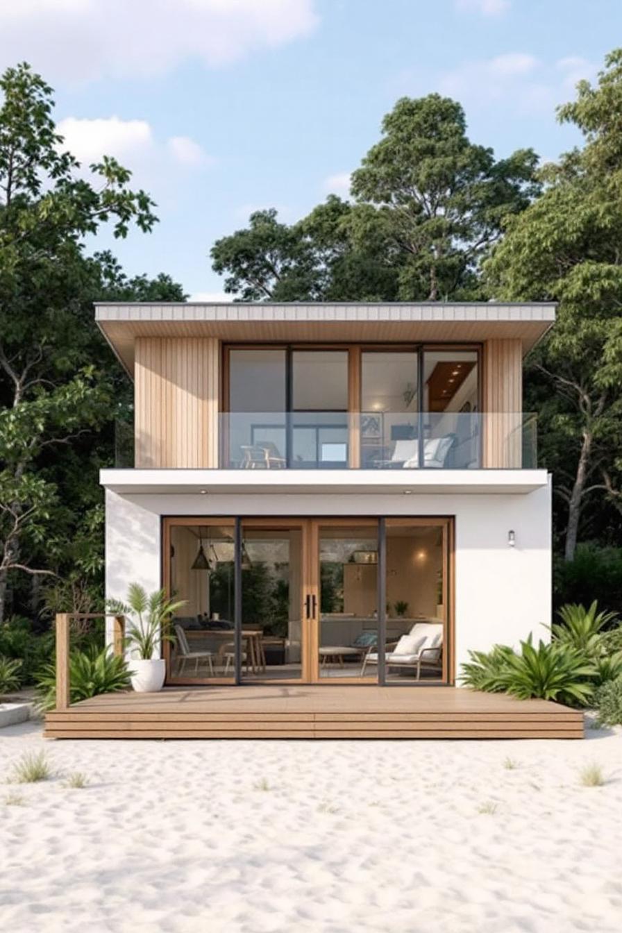 Modern two-story beach shack with glass balcony