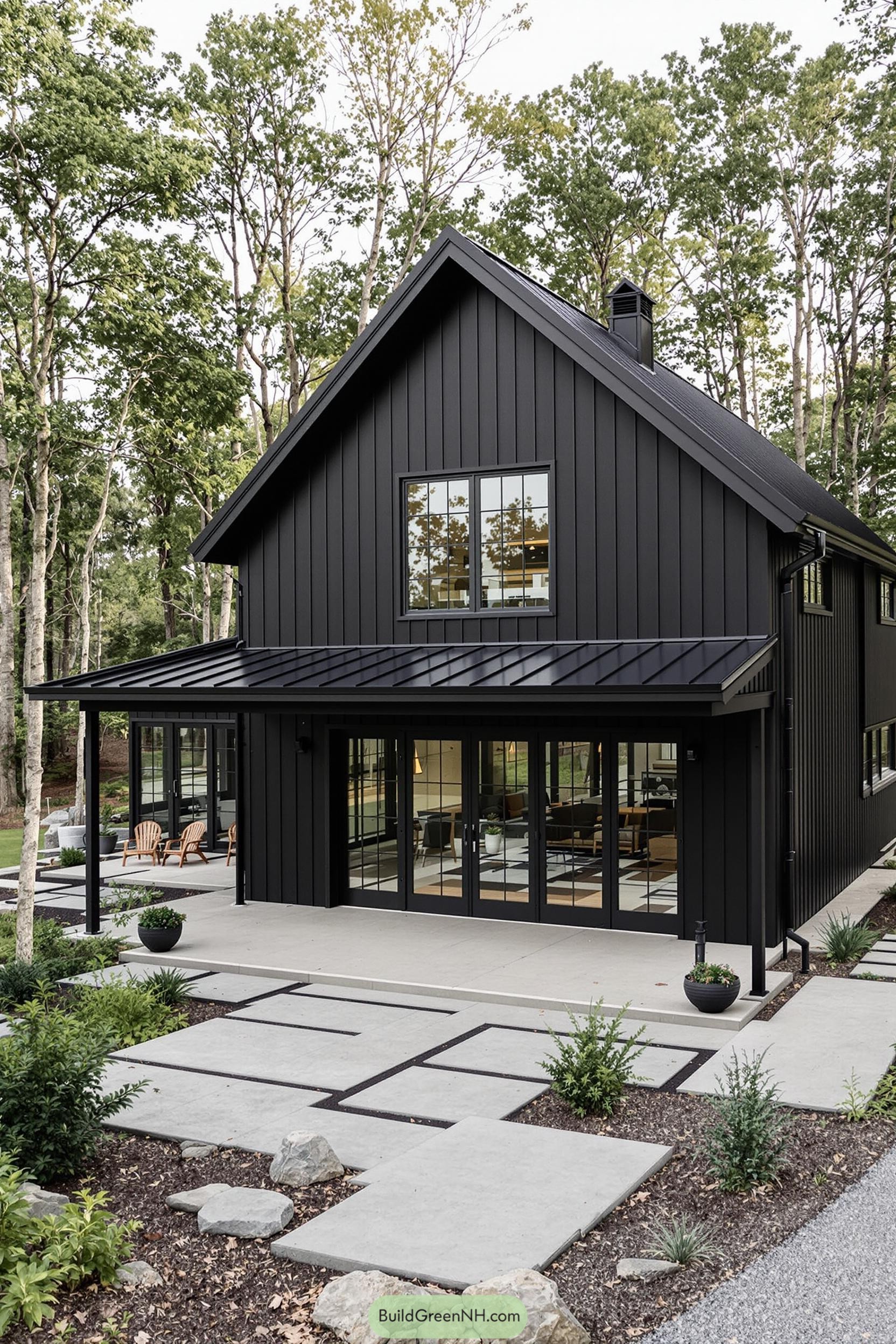 Sleek black barn-style house with large windows and modern design