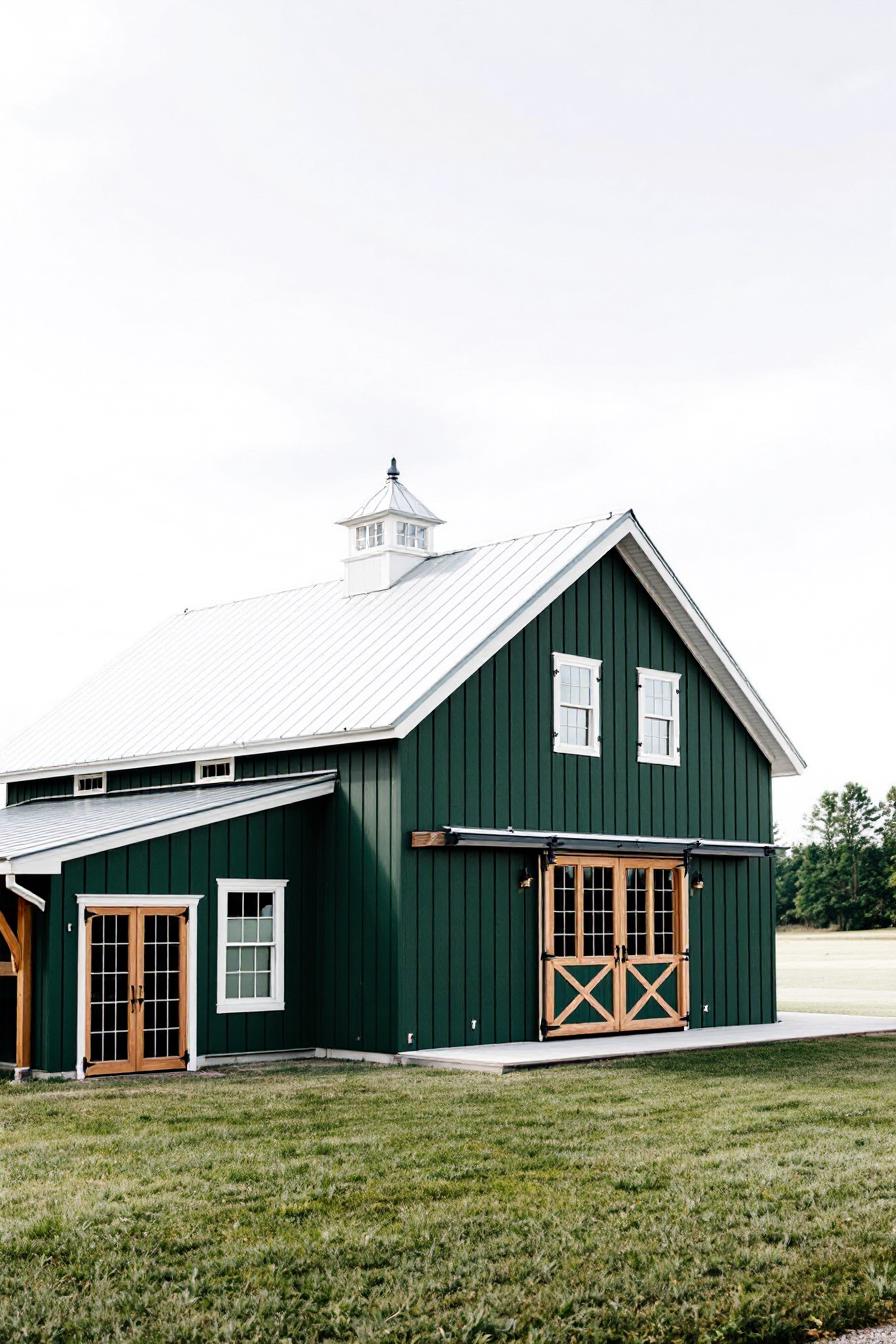 Green barn with white trim and wooden doors on a clear day