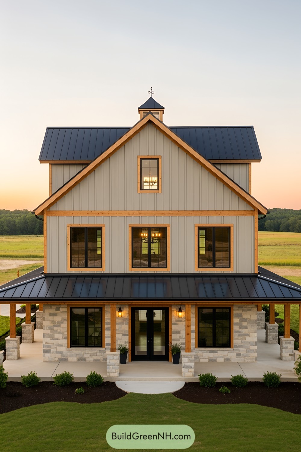 Charming barndominium with a metal roof and stone accents