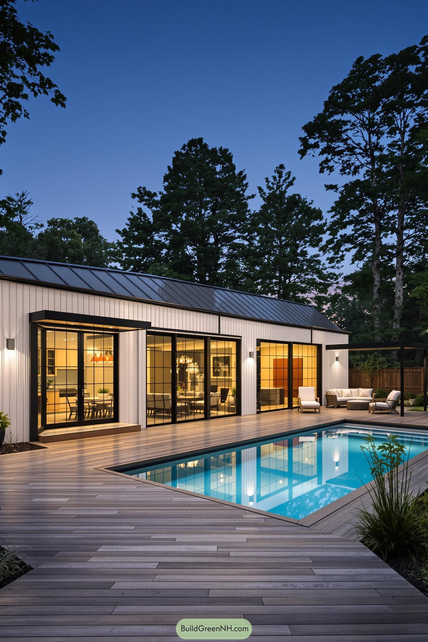 Modern pool house with glass doors and lighting