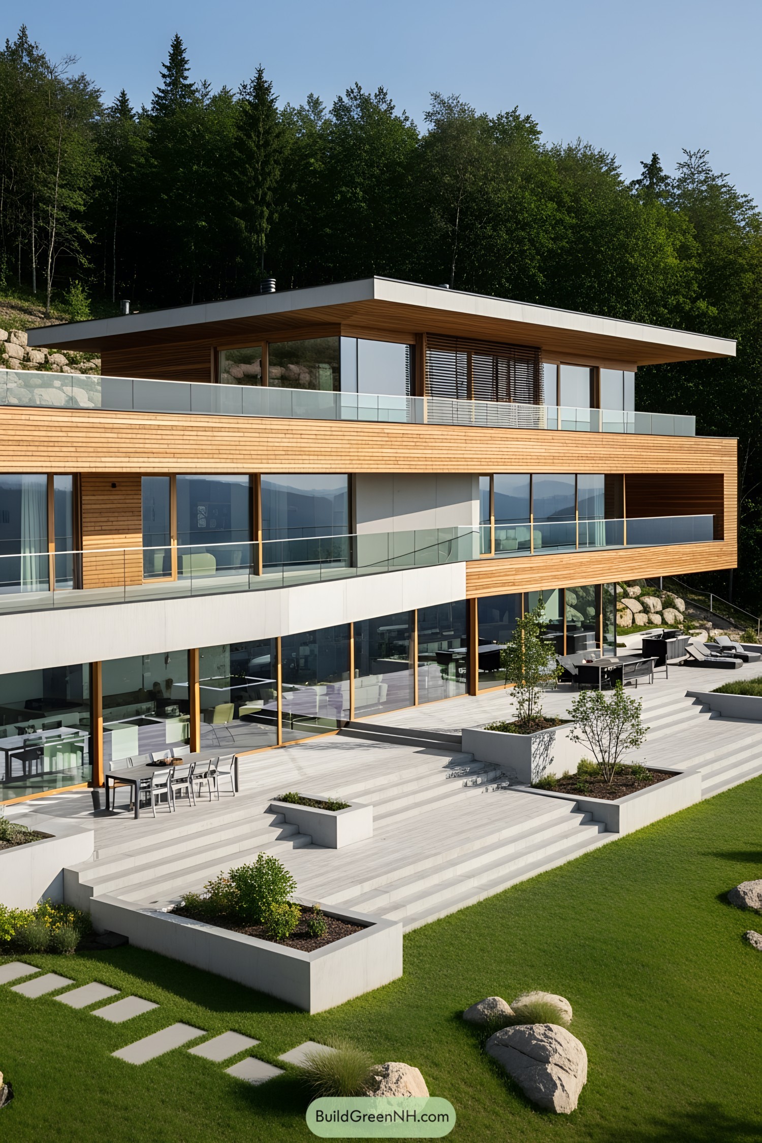 Modern mountain villa with glass facade and wide terrace