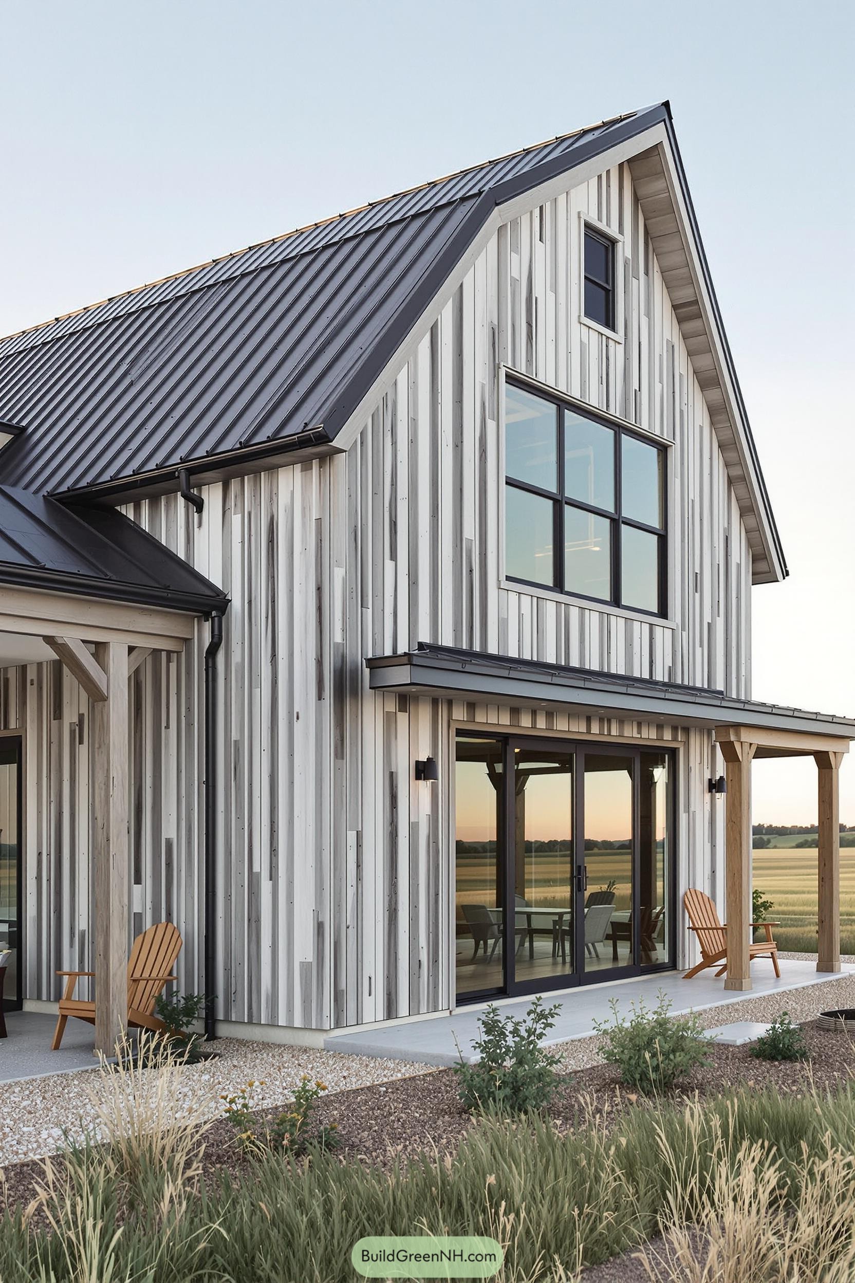 Modern pole barn house with large windows and sleek design