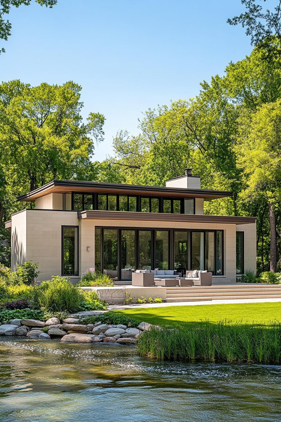 Modern house by a river surrounded by lush greenery