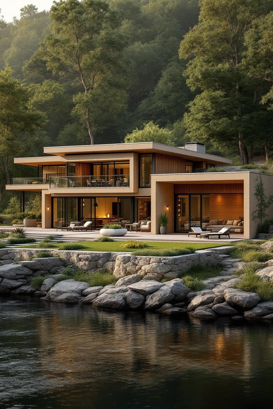 Modern home with large windows by a river and lush trees
