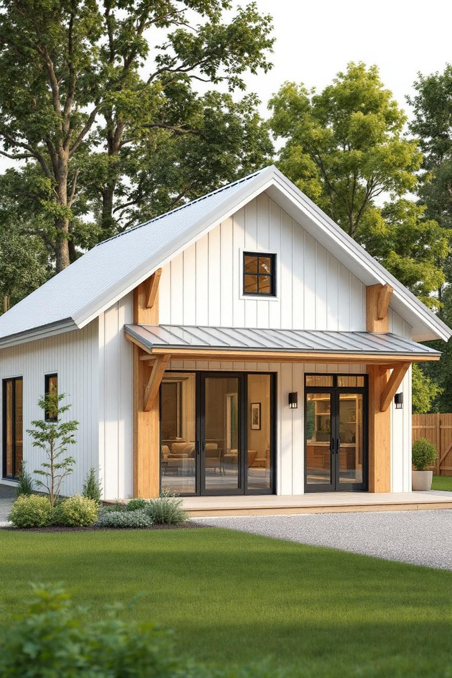 Compact barndominium house with wooden accents