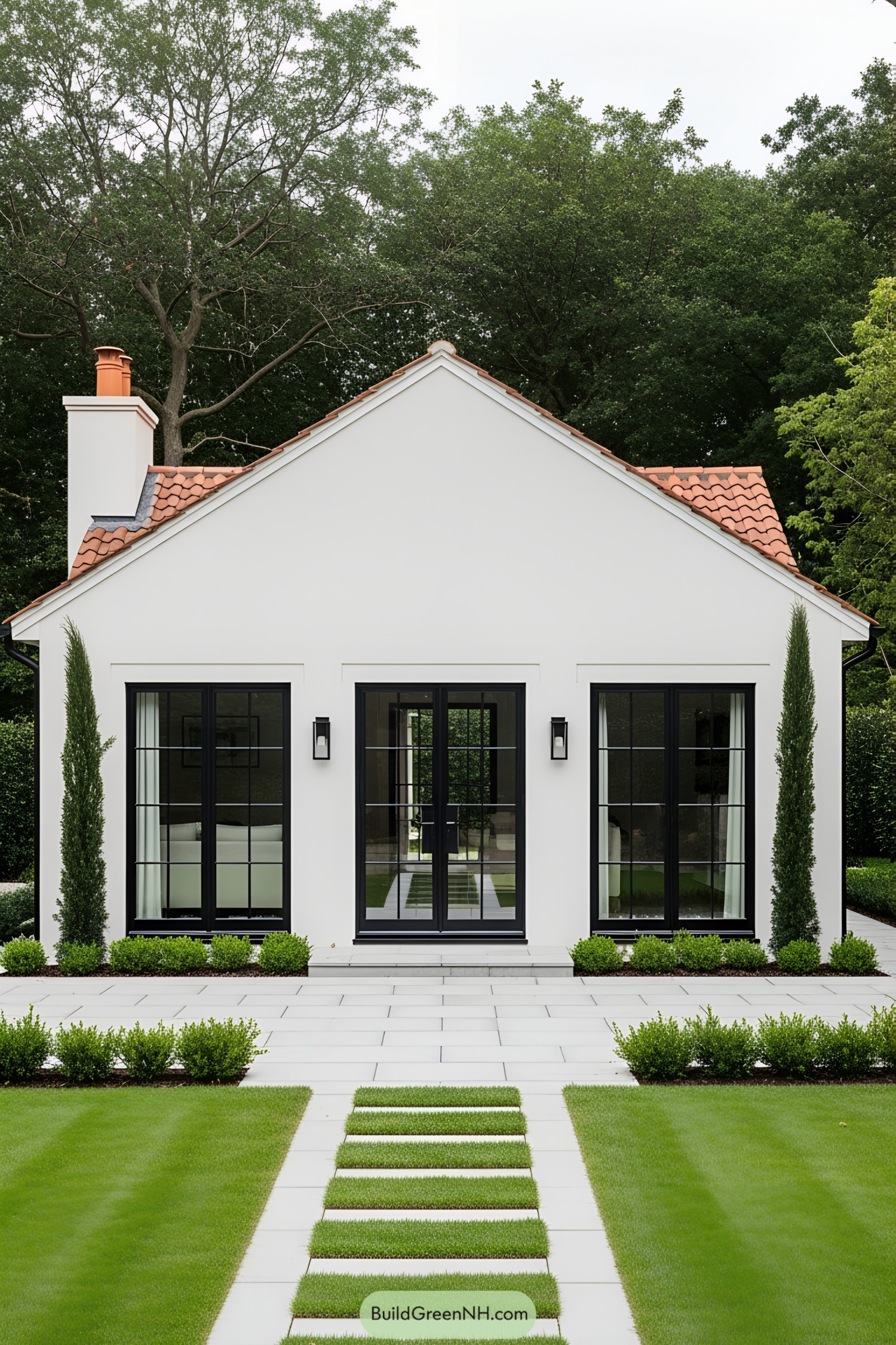 Small white bungalow with red-tiled roof and neat garden