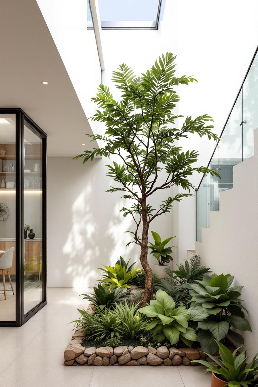 Garden courtyard with lush plants and a tree