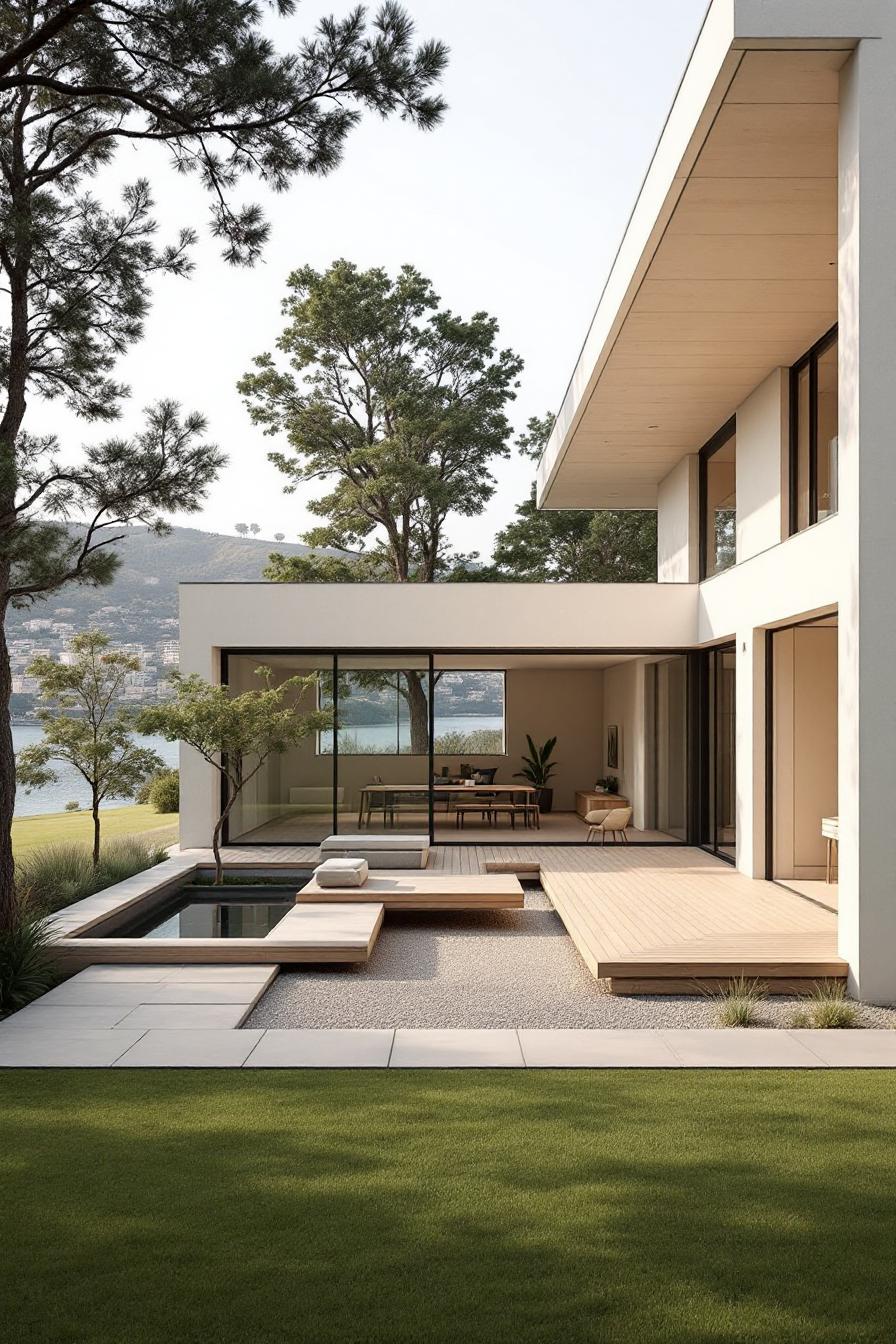 Modern courtyard with wooden decking and small pool