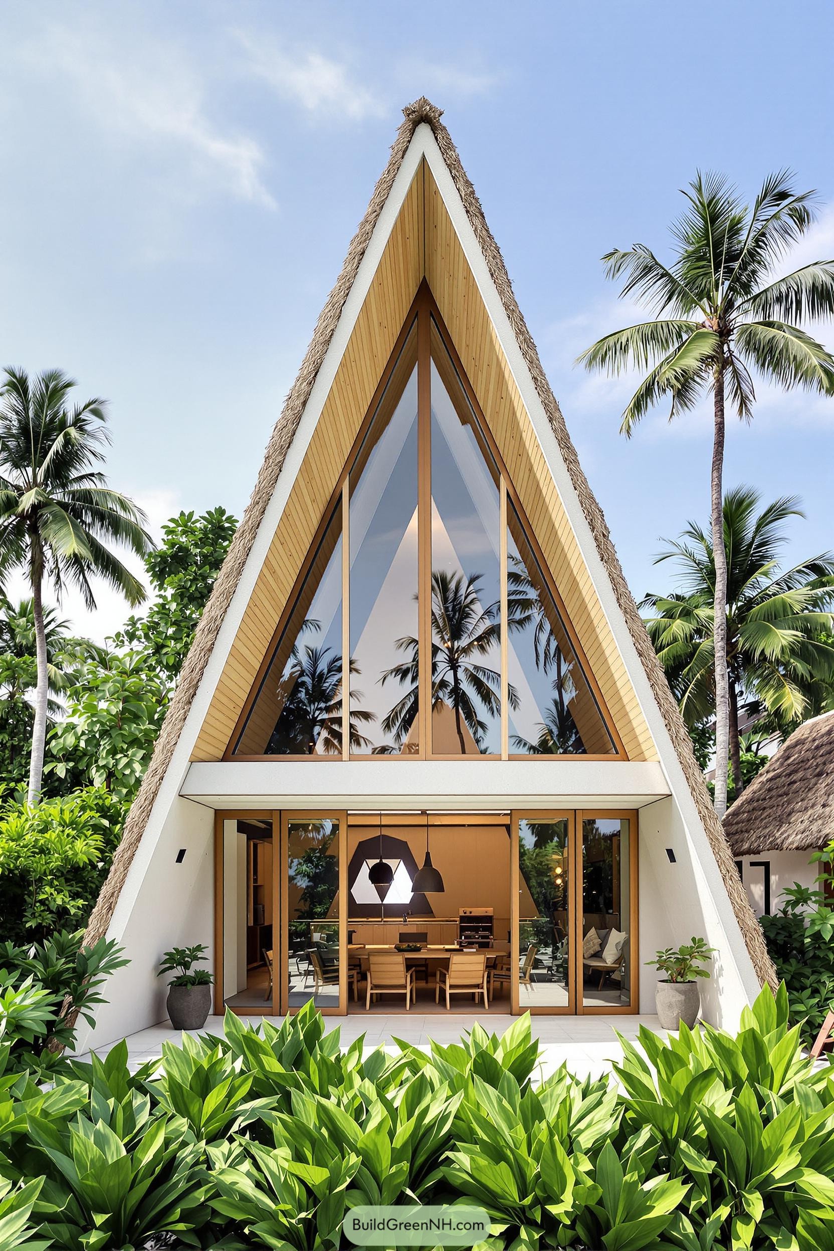 A-frame cabin with glass facade and lush foliage