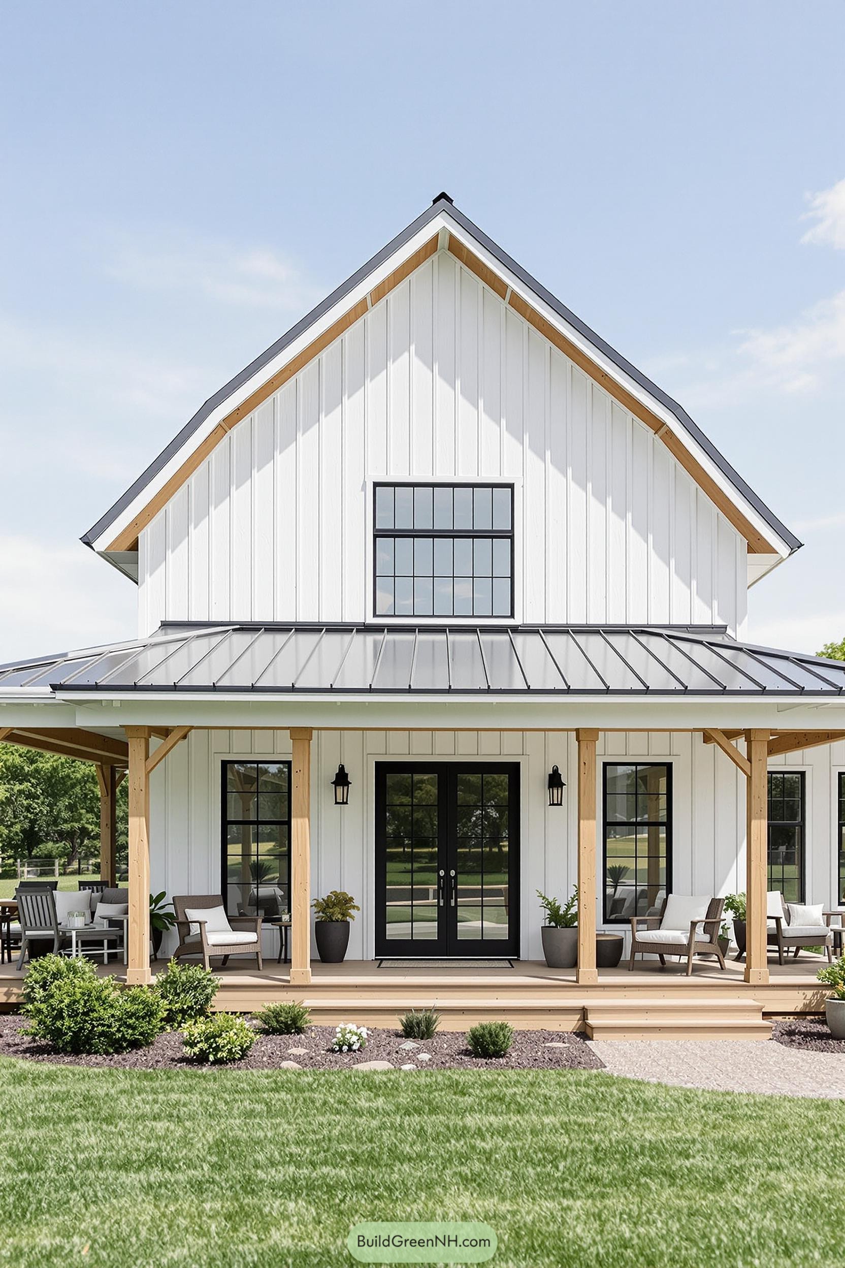 White barndominium with a charming porch and black-framed windows