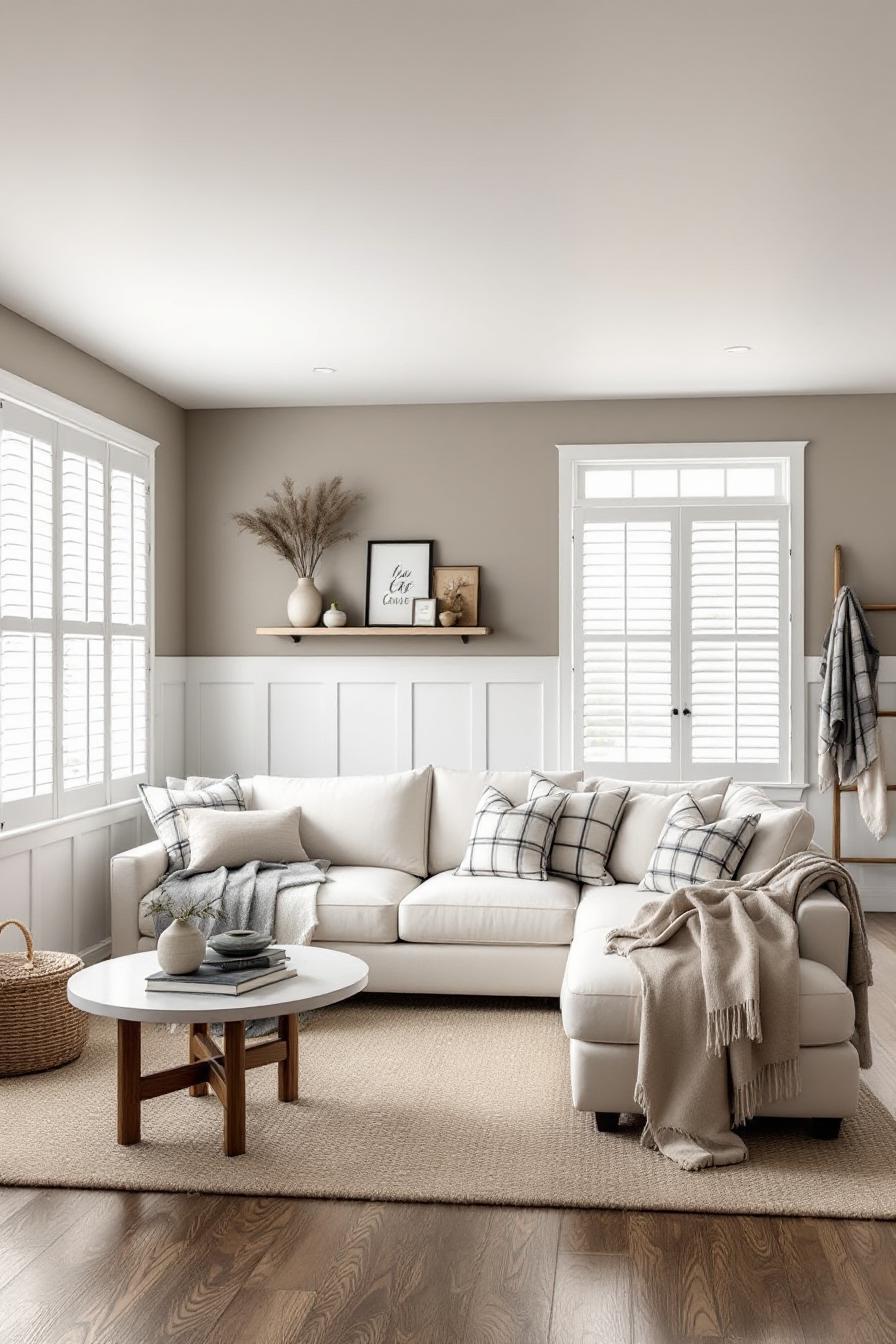 Bright and airy farmhouse living room with cozy decor